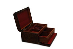 Amboyna Lockable Jewelry Box with Red Silk Interior Inlaid with Abalone 1900s