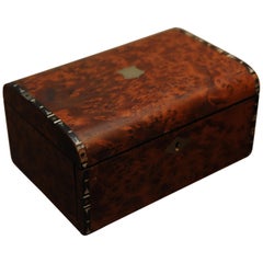 Antique Amboyna Lockable Jewelry Box with Red Silk Interior Inlaid with Abalone 1900s
