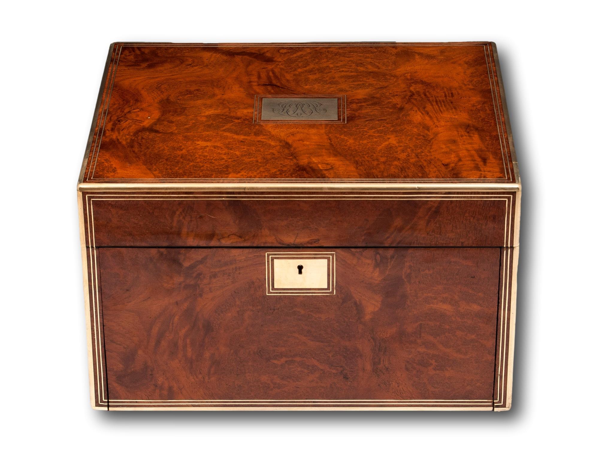 Antique Silver Gilt Vanity Box veneered in stunning Amboyna.

From our Vanity boxes, we are delighted to offer this stunning Amboyna veneered vanity box. The box with quadrant brass edging and matching escutcheon surrounding the Amboyna veneered