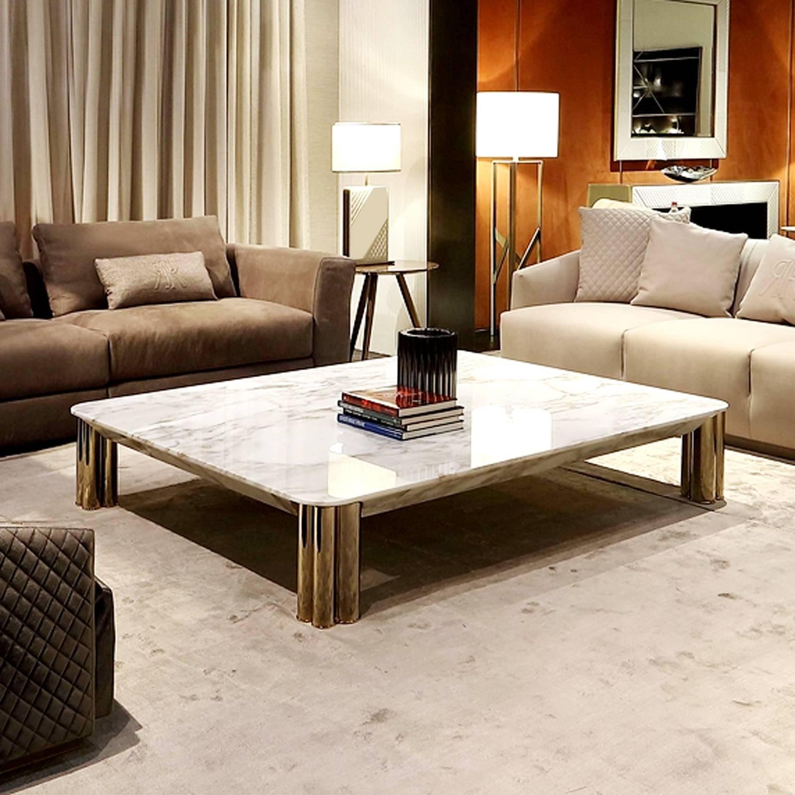 Brass Ambra Coffee Table with Calacatta Oro Marble Top For Sale
