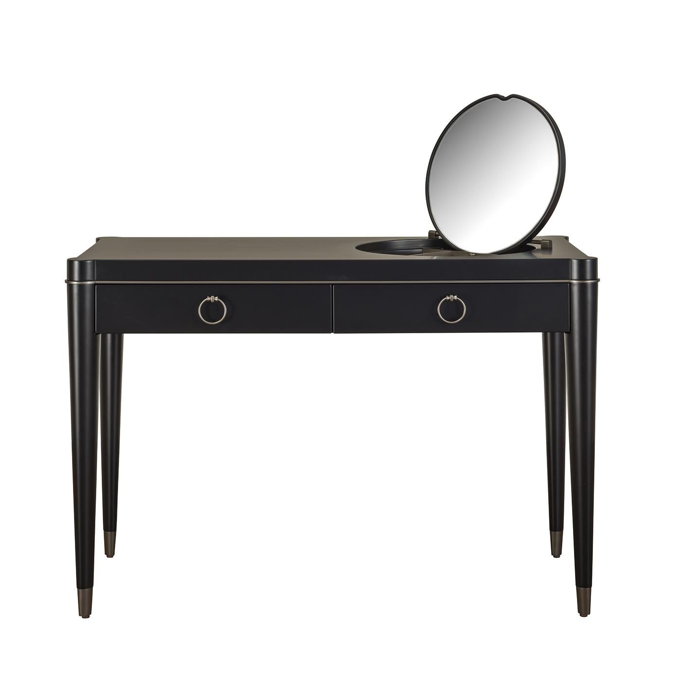 This stunning vanity desk is part of the Ambra collection of fine furniture pieces that boast a retro-chic allure and exquisite details. Its simple structure was crafted of wood with a lacquered top that hosts the round mirror, which can be hidden