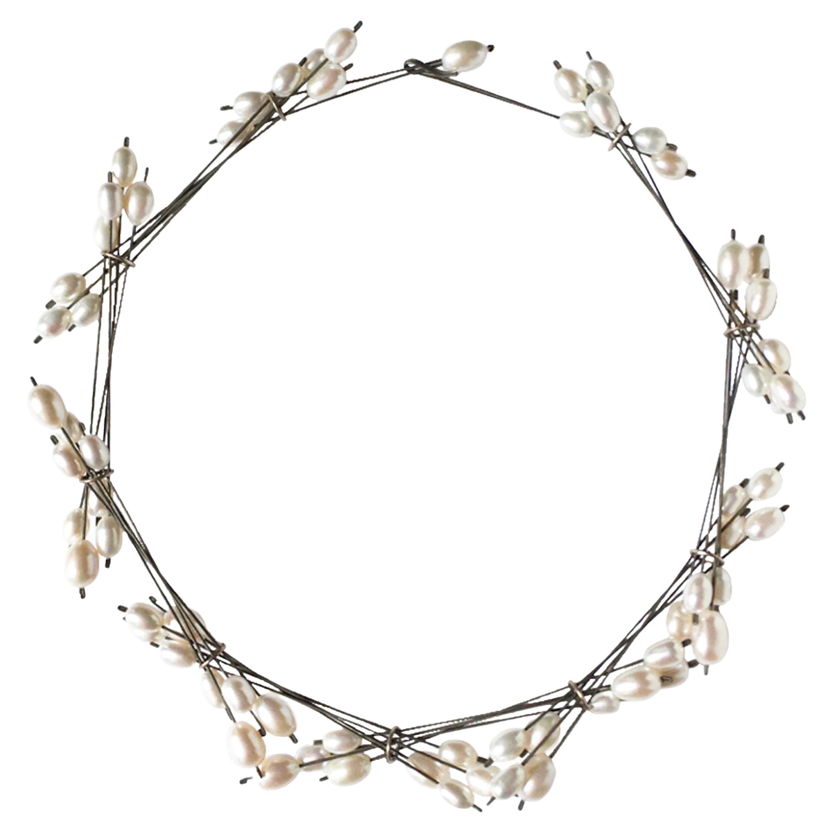 Ambroise Degenève’s Unique Freshwater Pearls, Titanium, Silver Roseaux Necklace For Sale