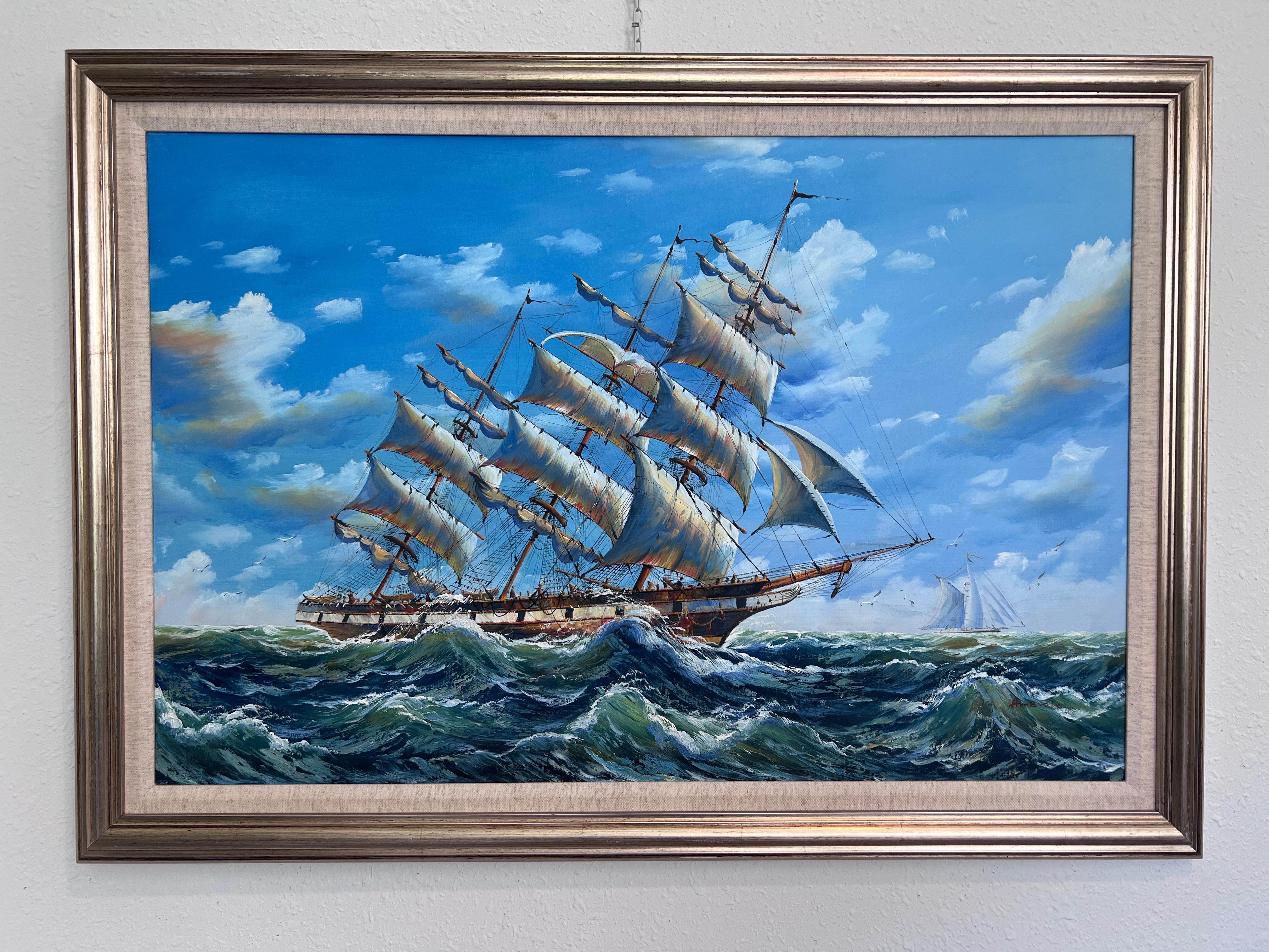 Ambrose Large Original Oil Painting on Canvas Sailing Ship Ocean Seascape Framed For Sale 1
