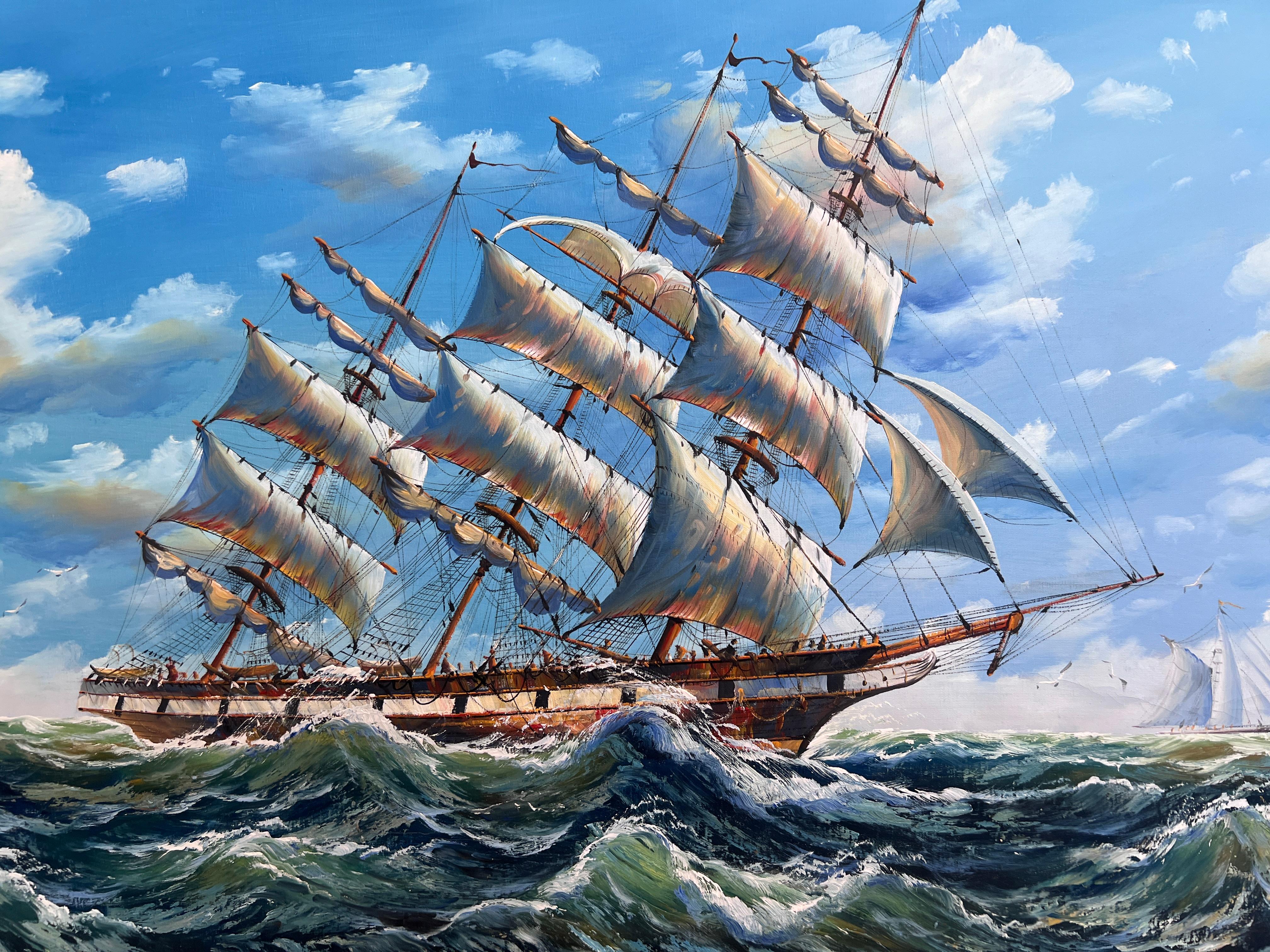 Ambrose Large Original Oil Painting on Canvas Sailing Ship Ocean Seascape Framed For Sale 2