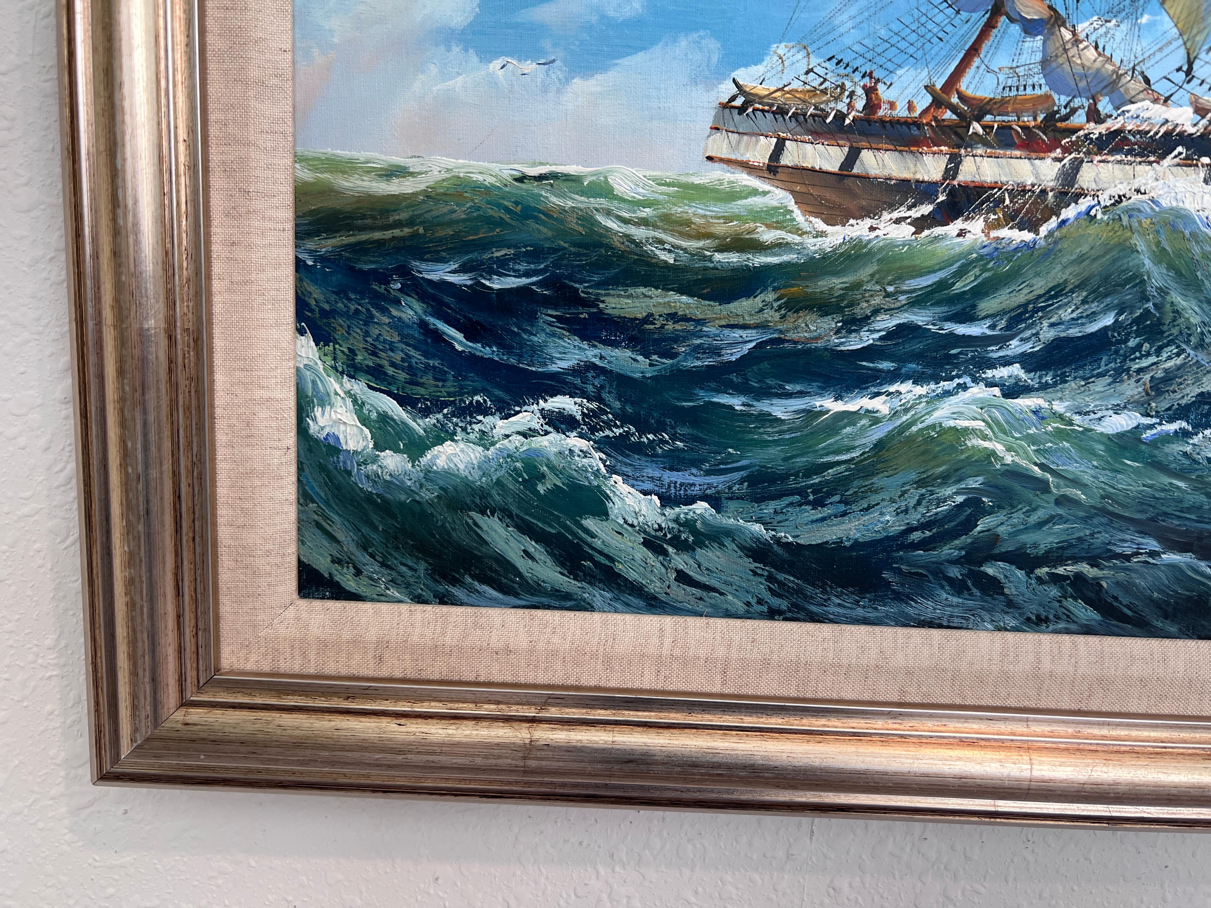 Ambrose Large Original Oil Painting on Canvas Sailing Ship Ocean Seascape Framed For Sale 3