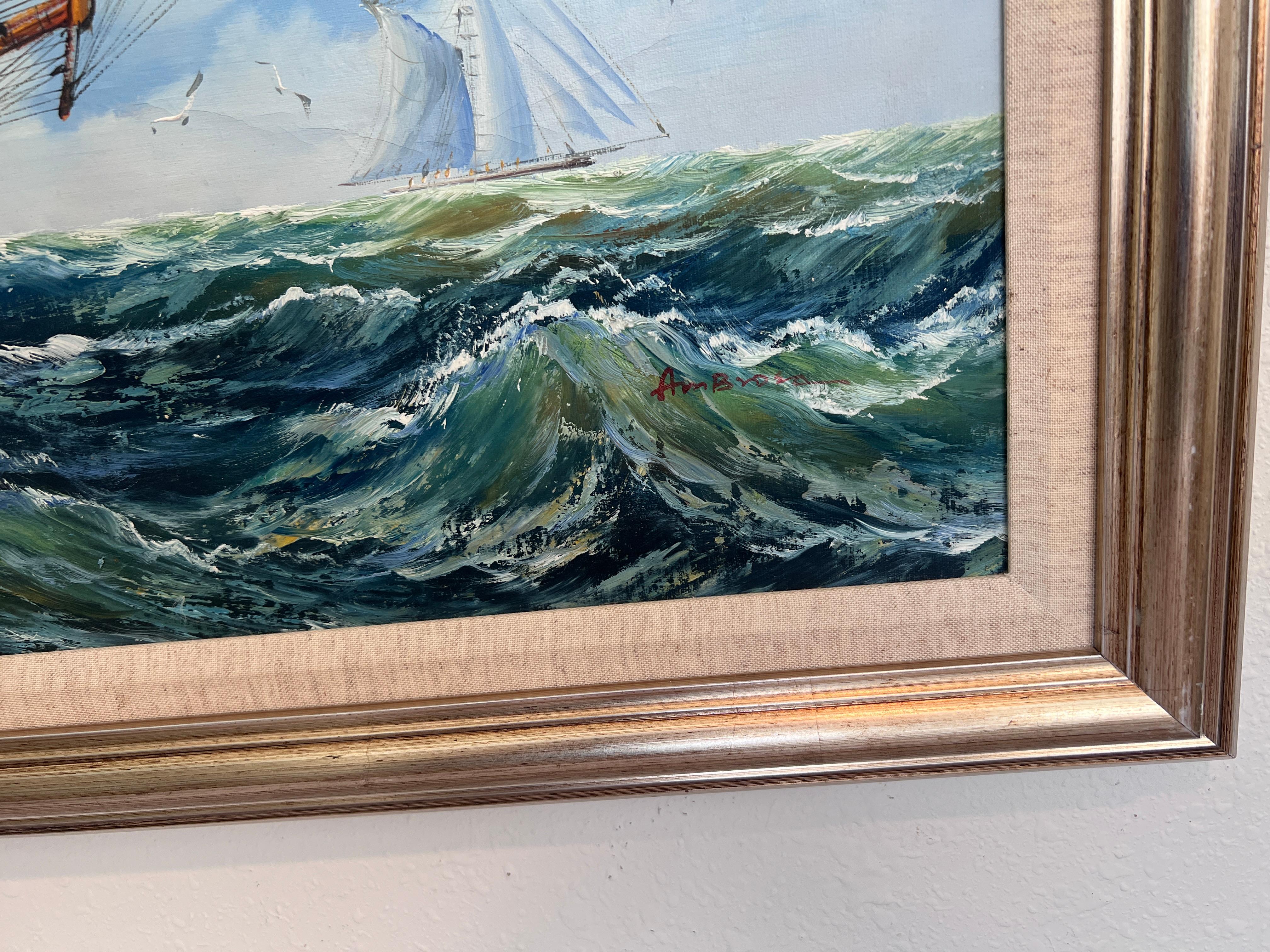 Ambrose Large Original Oil Painting on Canvas Sailing Ship Ocean Seascape Framed For Sale 6