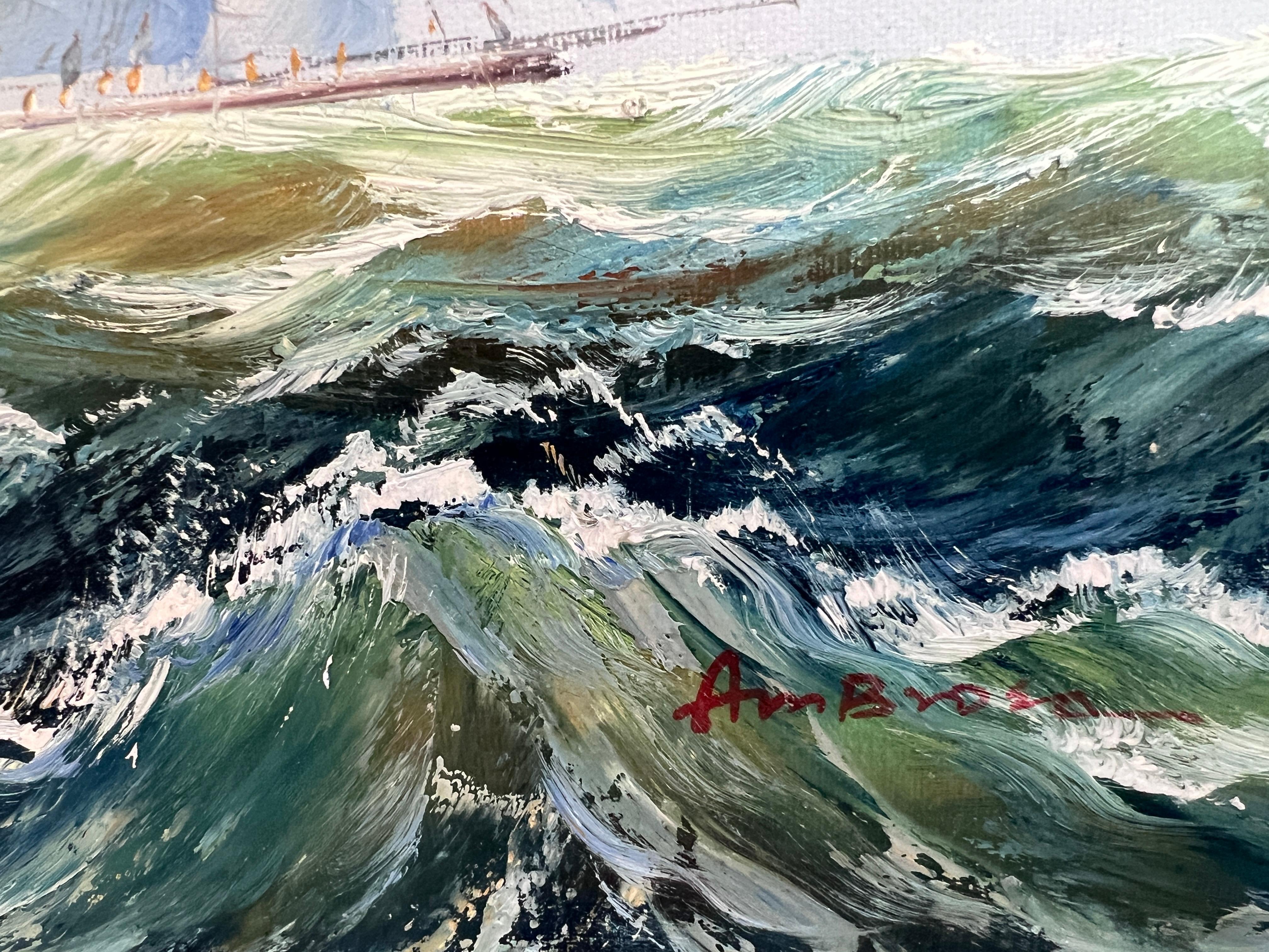 Ambrose Large Original Oil Painting on Canvas Sailing Ship Ocean Seascape Framed For Sale 7