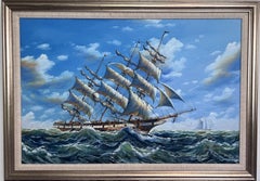 Ambrose Large Original Oil Painting on Canvas Sailing Ship Ocean Seascape Framed