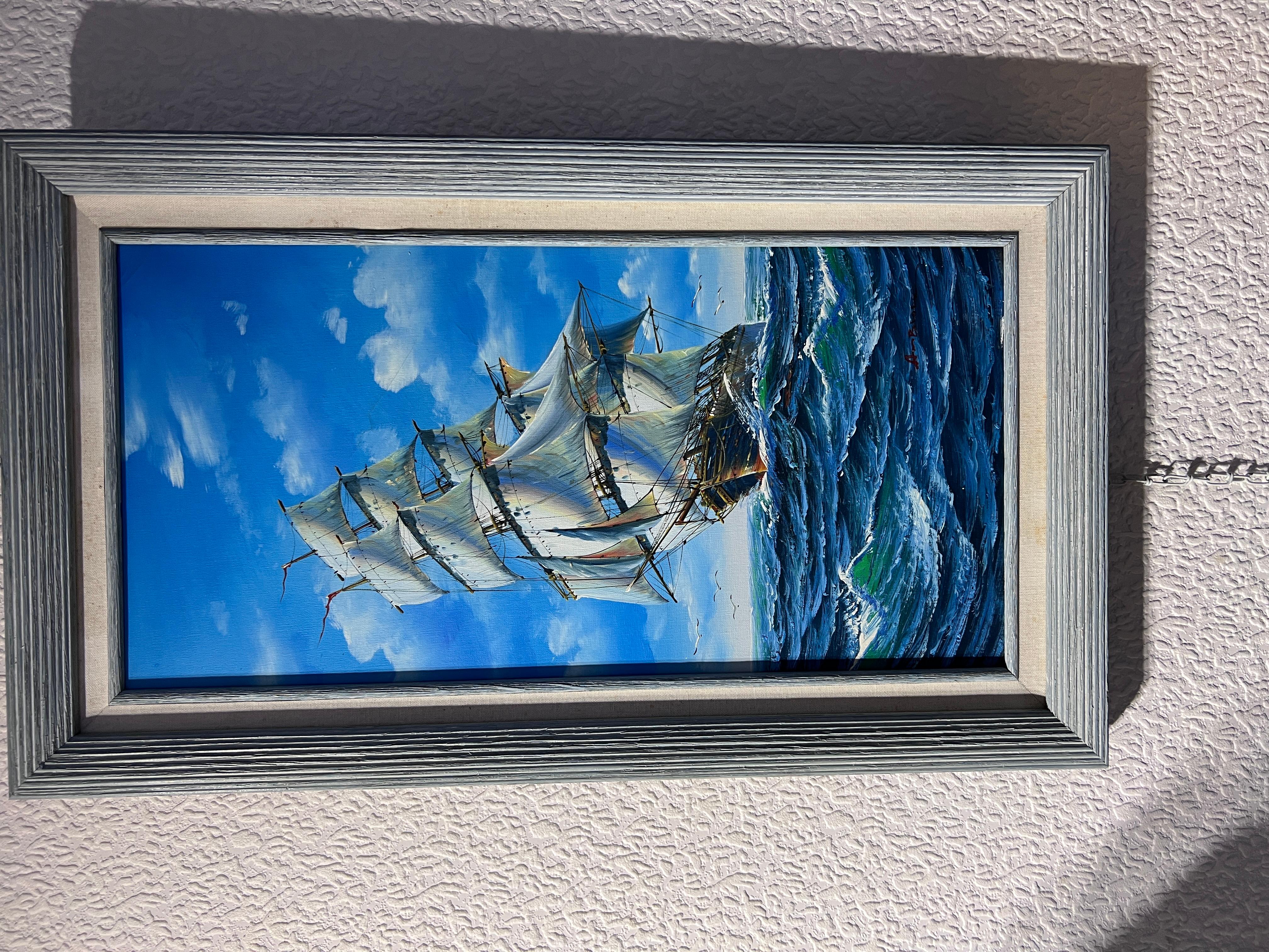 This oil painting captures the majesty of a tall ship in full sail on the high seas. Its sails are billowing in the wind, brilliantly white against the soft blue hues of the sky. The ship itself is rendered in fine detail, indicating the strength