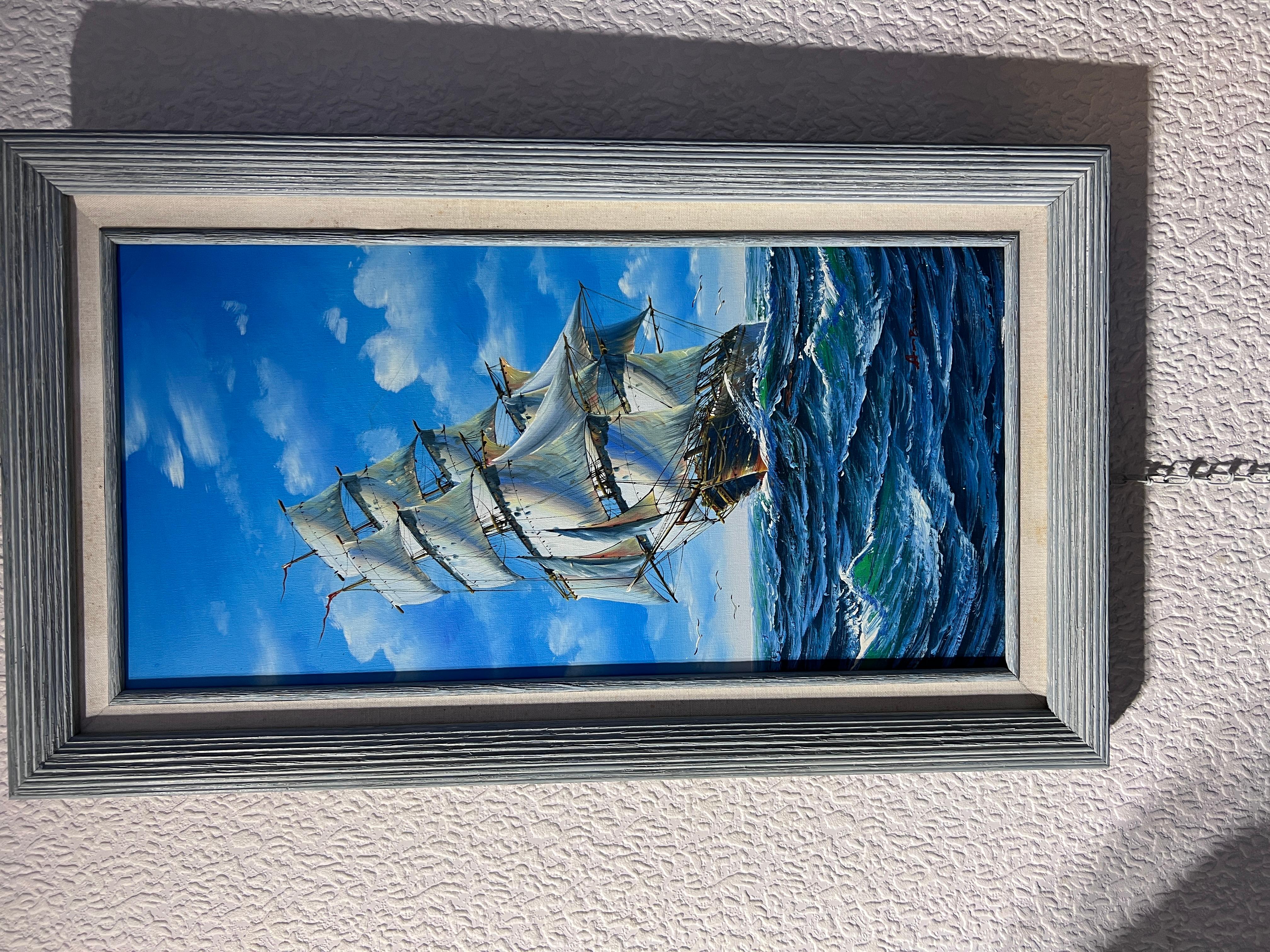 Ambrogio dipinto a olio su tela, paesaggio marino, Nave a vela nell'oceano, incorniciato - Painting di Ambrose