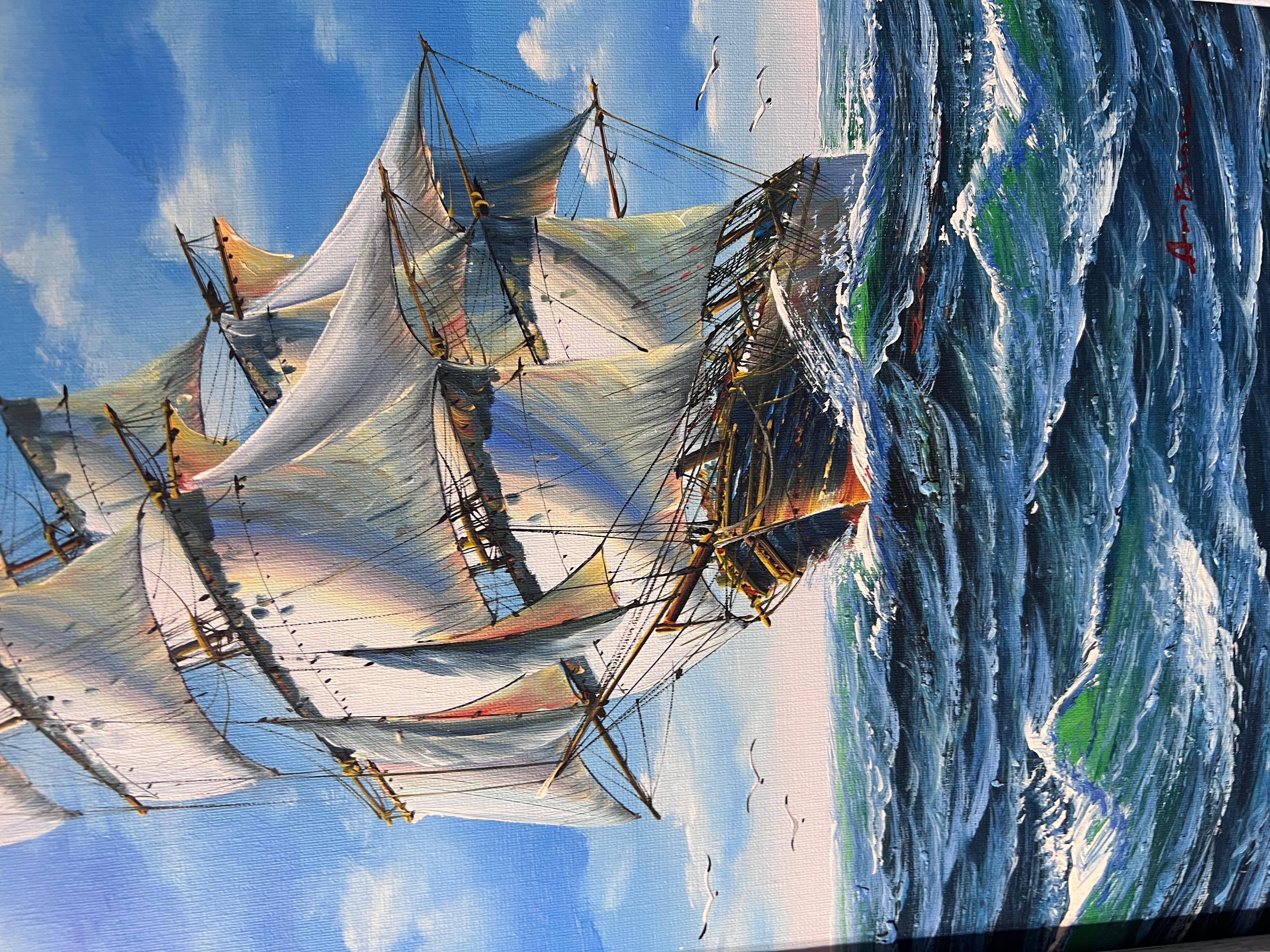 Ambrose oil painting on canvas, seascape, Sailing Ship in the Ocean, Framed 2
