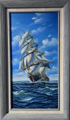 Ambrogio dipinto a olio su tela, paesaggio marino, Nave a vela nell'oceano, incorniciato