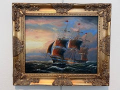 Vintage Maritime Oil Painting Ambrose Ship Seascape Sailboat Nautical Art