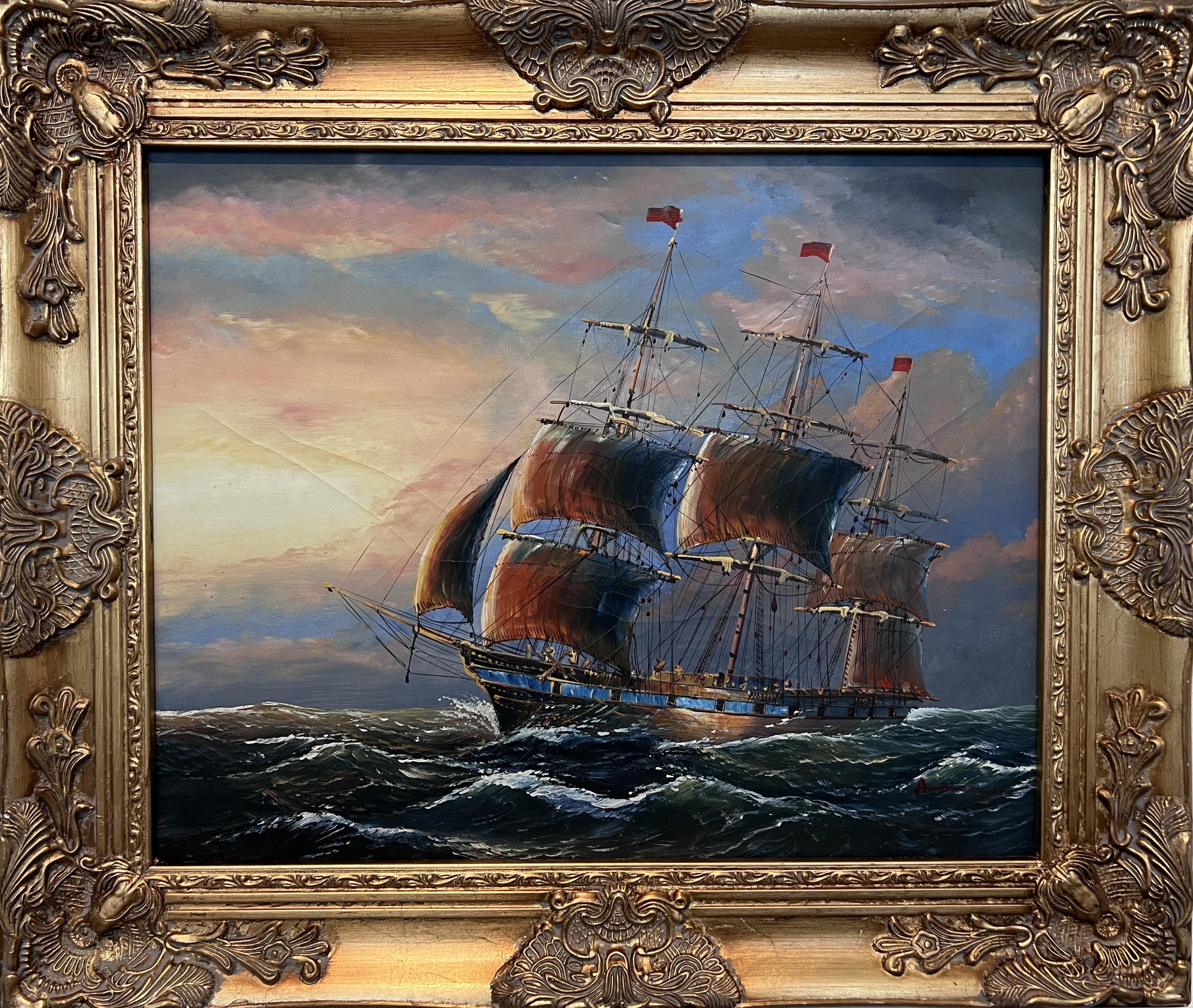 Vintage Maritime Ölgemälde Ambrose Schiff Seelandschaft Segelboot Nautische Kunst