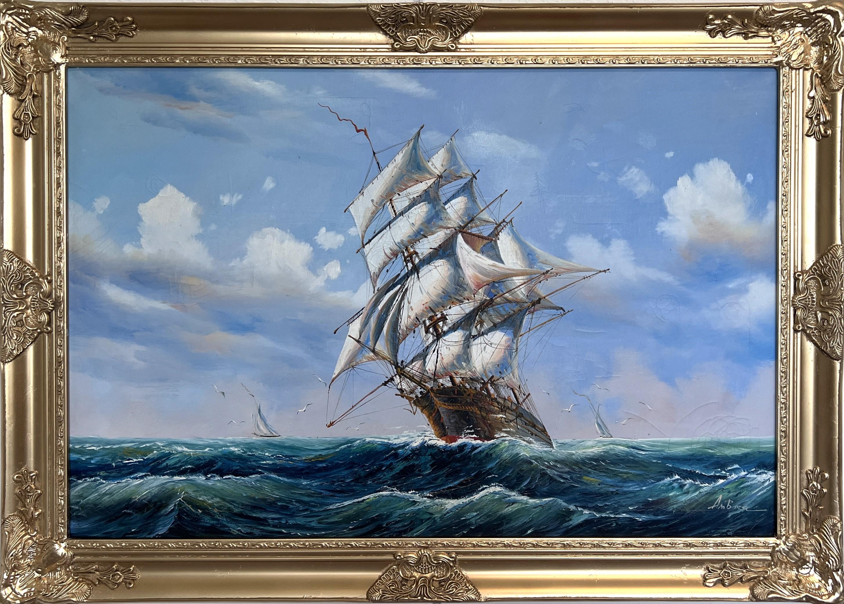 Ambrose Landscape Painting - Abrose Large Oil painting on canvas, Seascape, Sailing Ship in the ocean, Framed