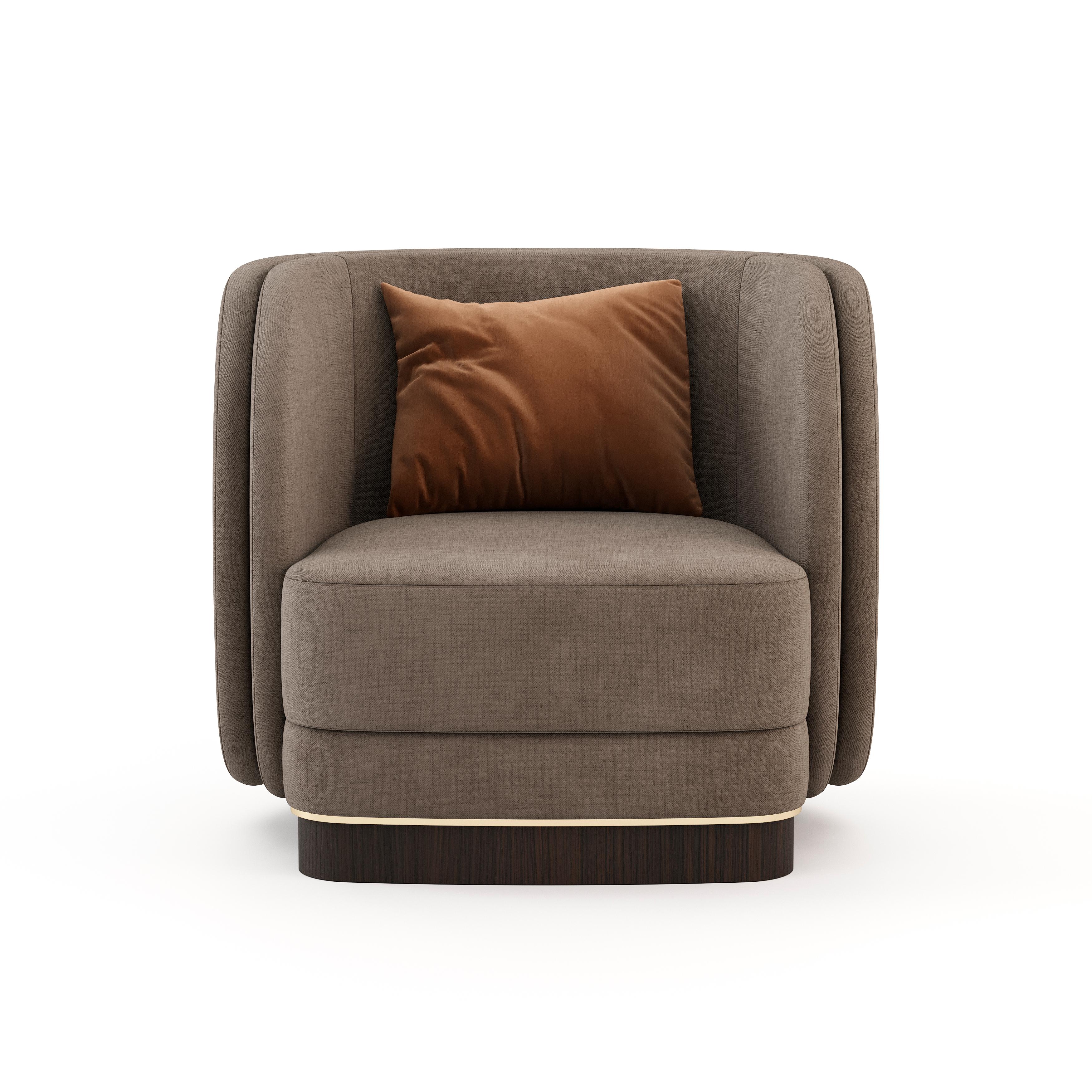 Ambrose is a one-of-a-kind armchair with a sleek convex back. It features a discreet wooden base to support a majestic upholstered armchair with a comfortable seat.

* Available in different finishes.