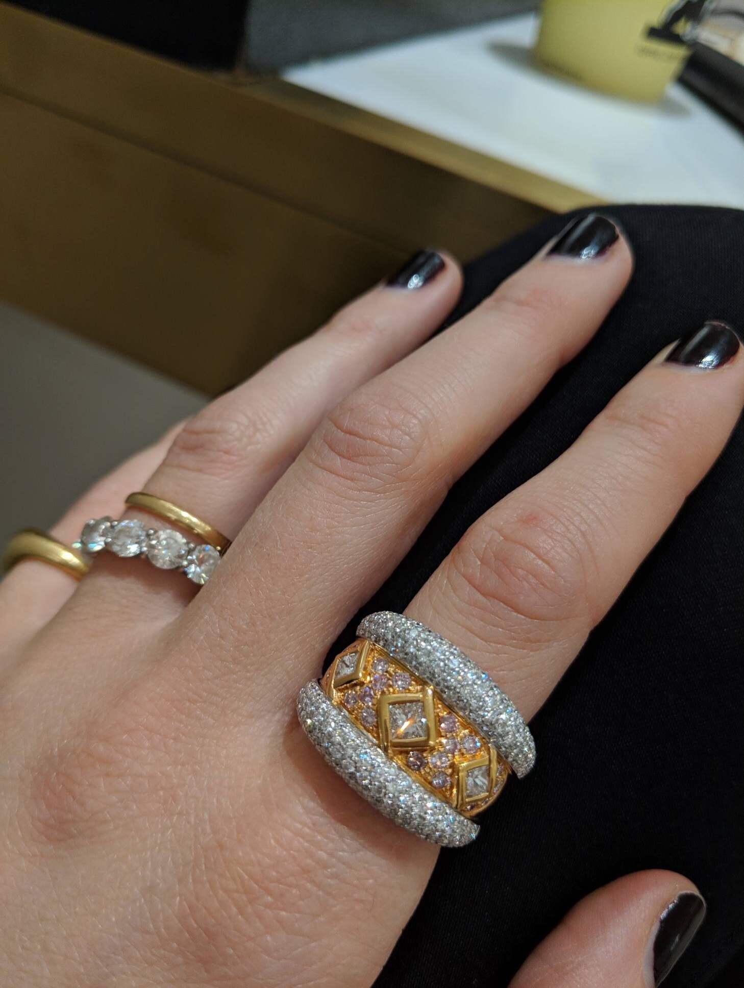 Princess Cut Ambrosi 18 Karat Gold Three Princess Diamond Ring with Pink and White Diamonds For Sale
