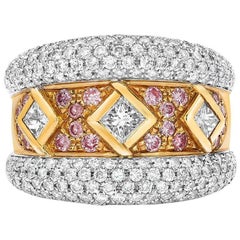 Ambrosi 18 Karat Gold Three Princess Diamond Ring with Pink and White Diamonds