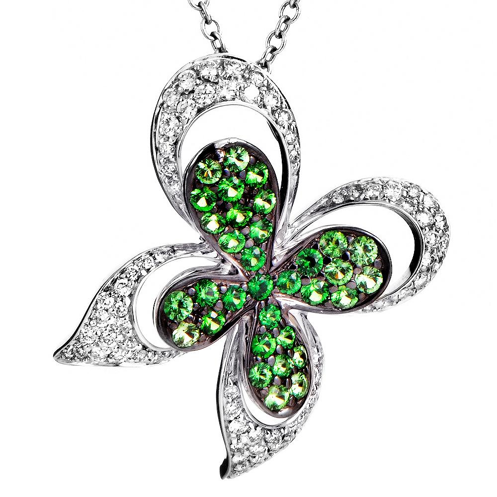 This dazzling design from Ambrosi is an absolute delight! The necklace is made of 18K white gold and features a butterfly-shaped pendant set with .63ct of diamonds and .95ct of peridot.
 
