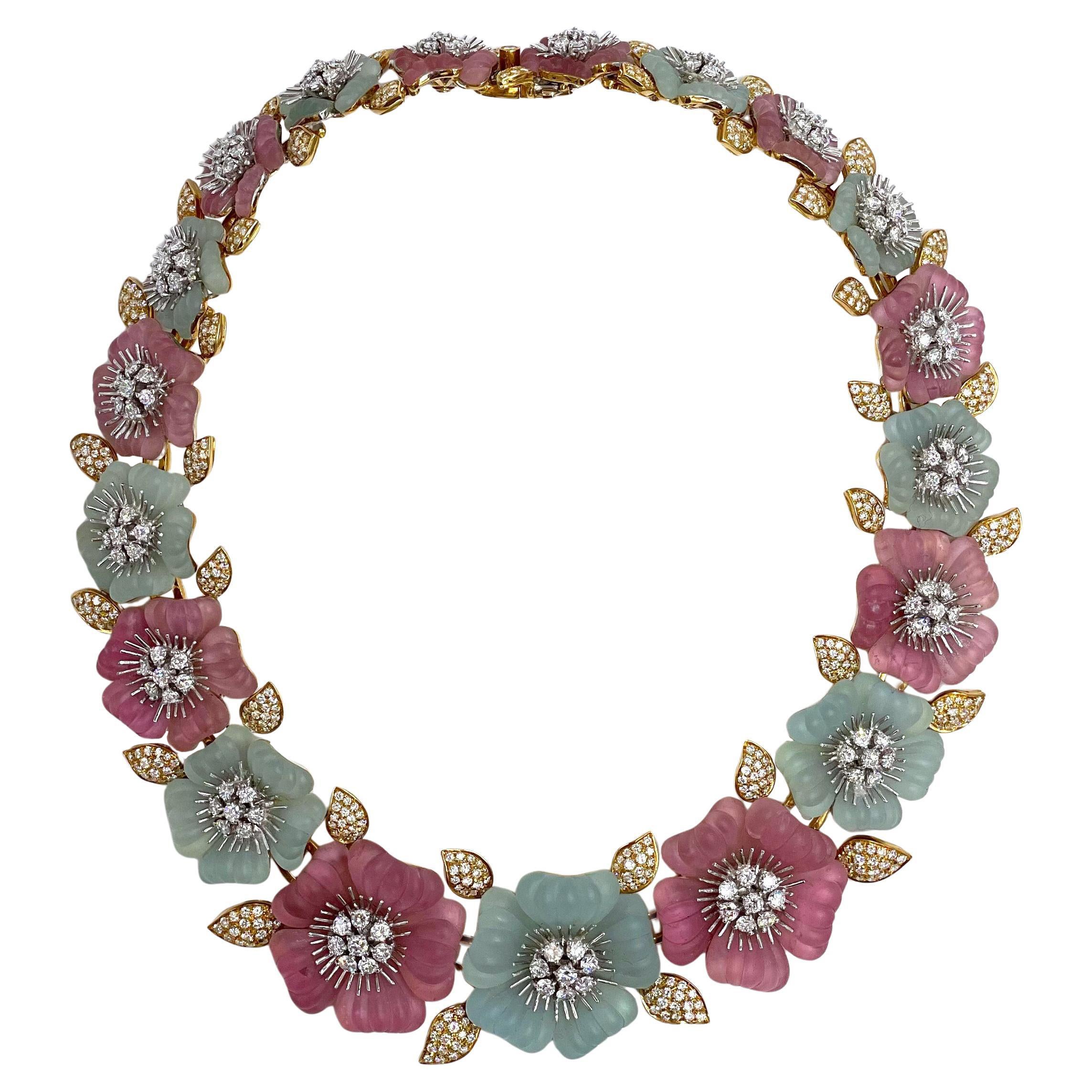 Ambrosi 18K Gold Hand Carved Aquamarine, Pink Tourmaline Floral Necklace