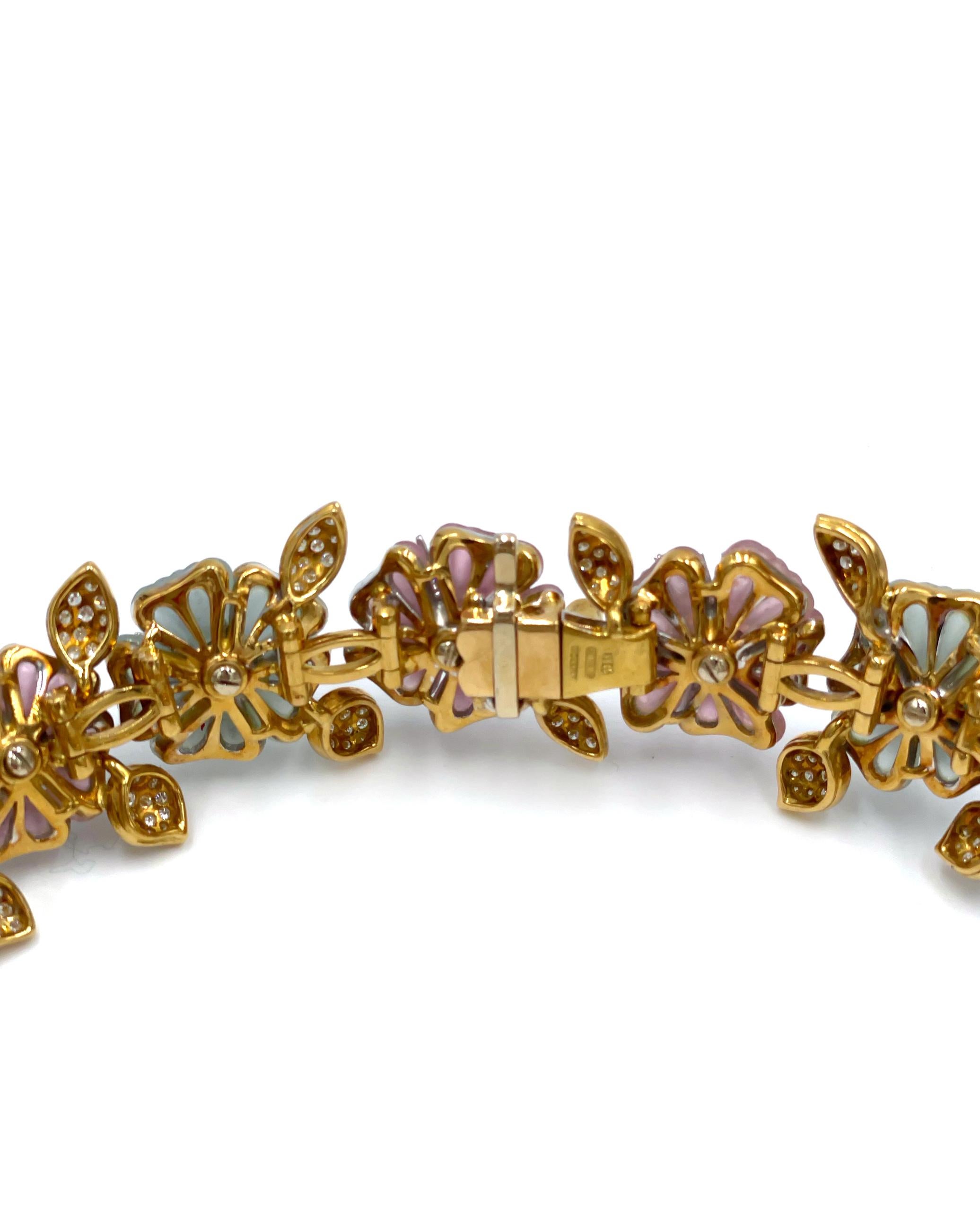 Ambrosi Or 18K Tourmaline rose Aigue-marine Diamant Fleur Collier Boucles d'oreilles en vente 4