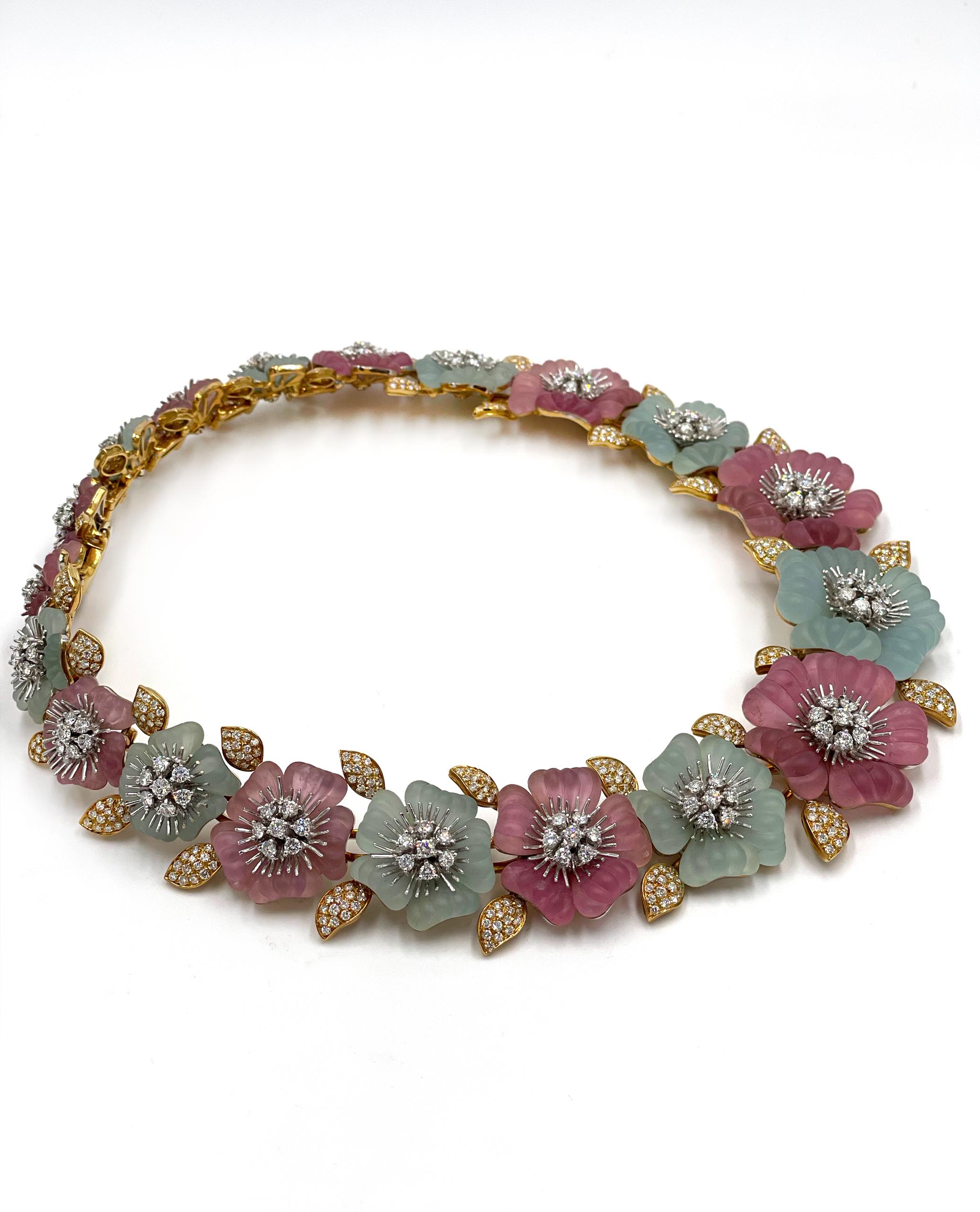 Ambrosi Or 18K Tourmaline rose Aigue-marine Diamant Fleur Collier Boucles d'oreilles en vente 6