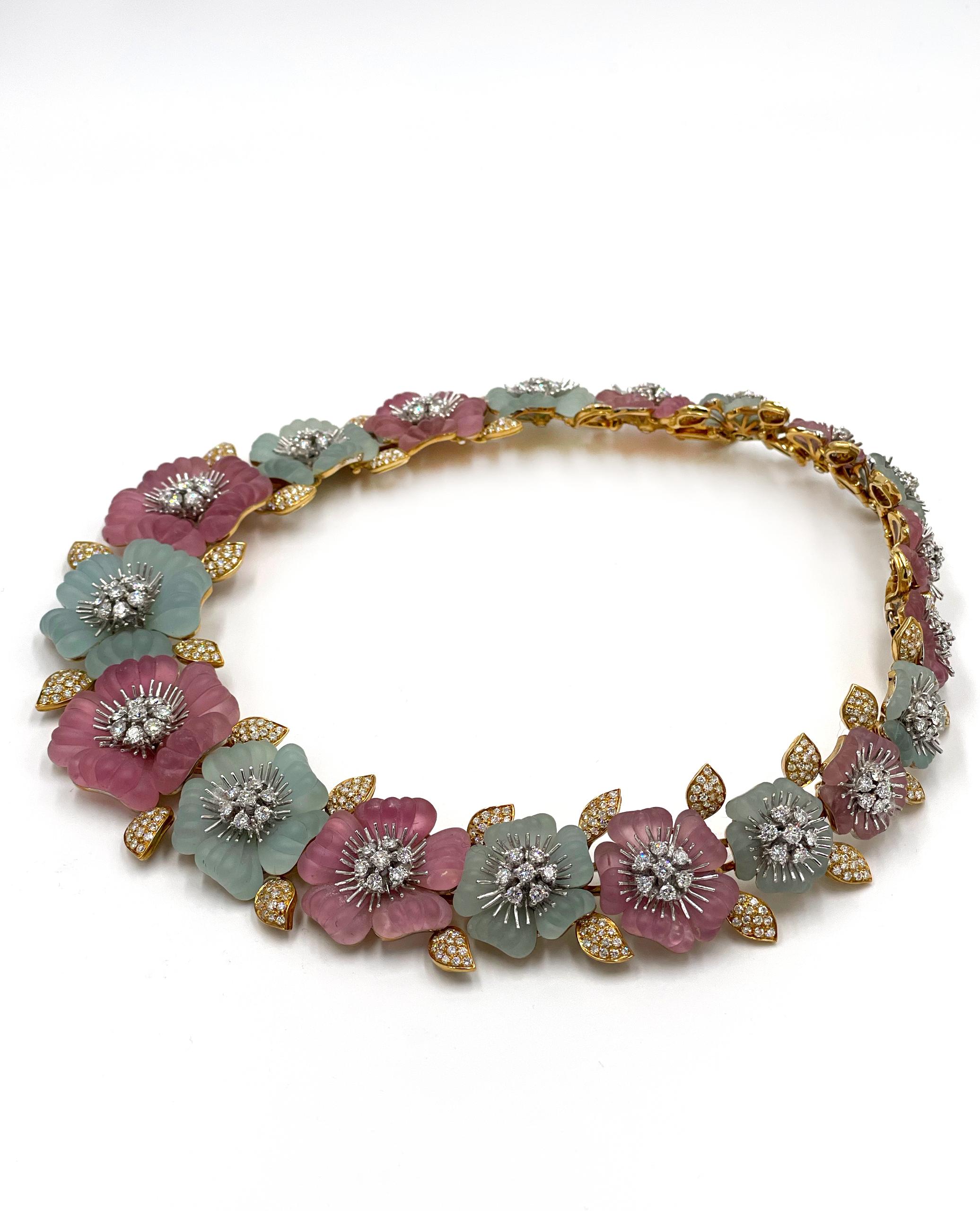 Ambrosi Or 18K Tourmaline rose Aigue-marine Diamant Fleur Collier Boucles d'oreilles en vente 7