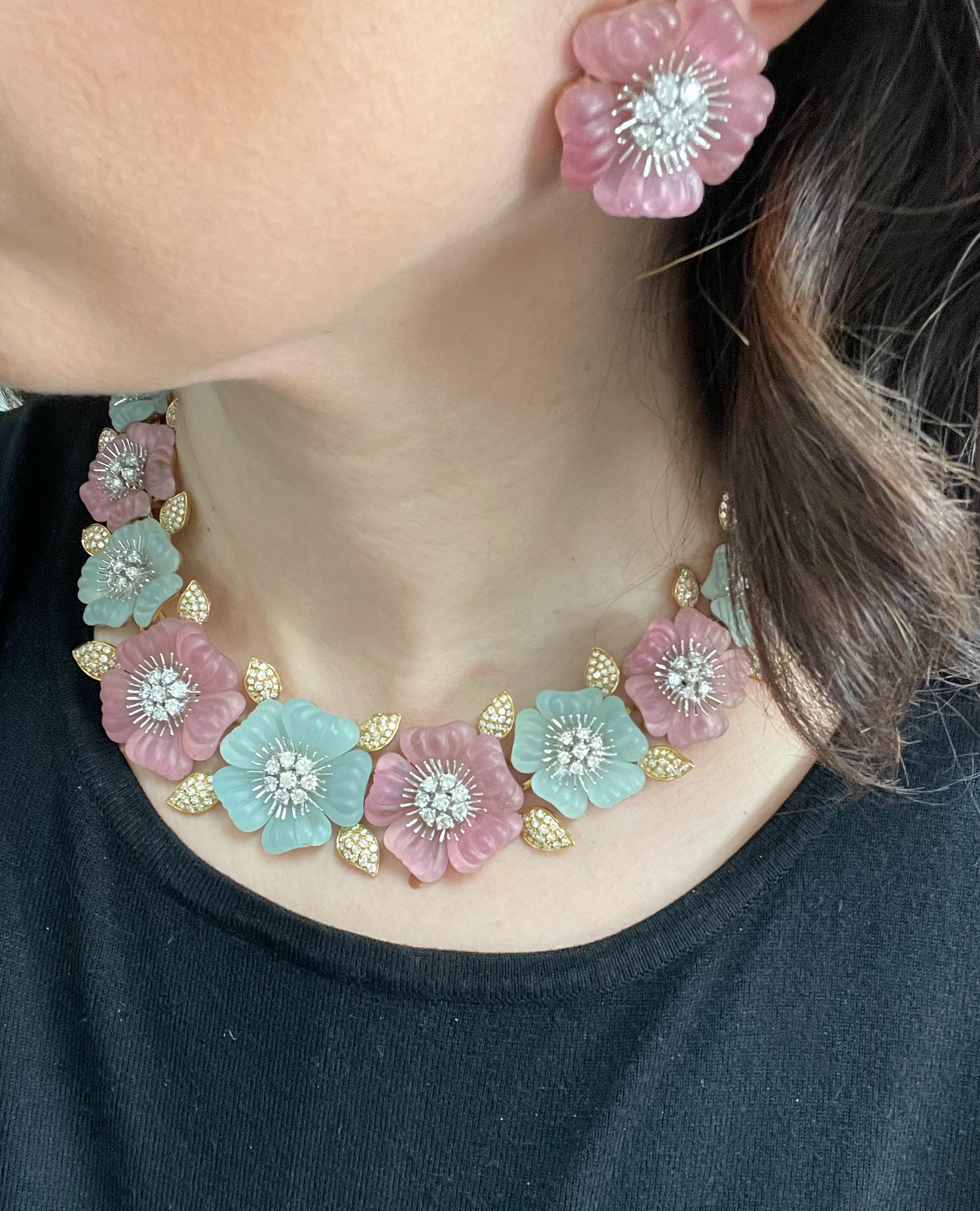 Ambrosi Or 18K Tourmaline rose Aigue-marine Diamant Fleur Collier Boucles d'oreilles en vente 8
