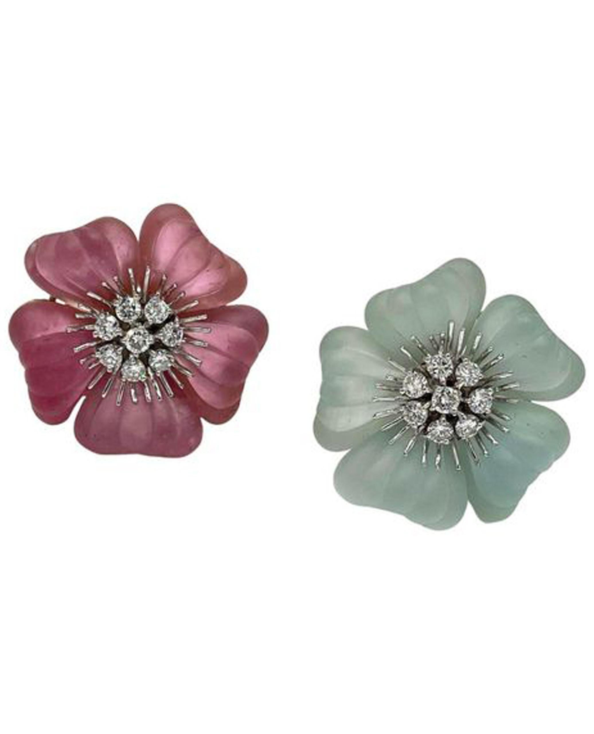 Contemporain Ambrosi Or 18K Tourmaline rose Aigue-marine Diamant Fleur Collier Boucles d'oreilles en vente