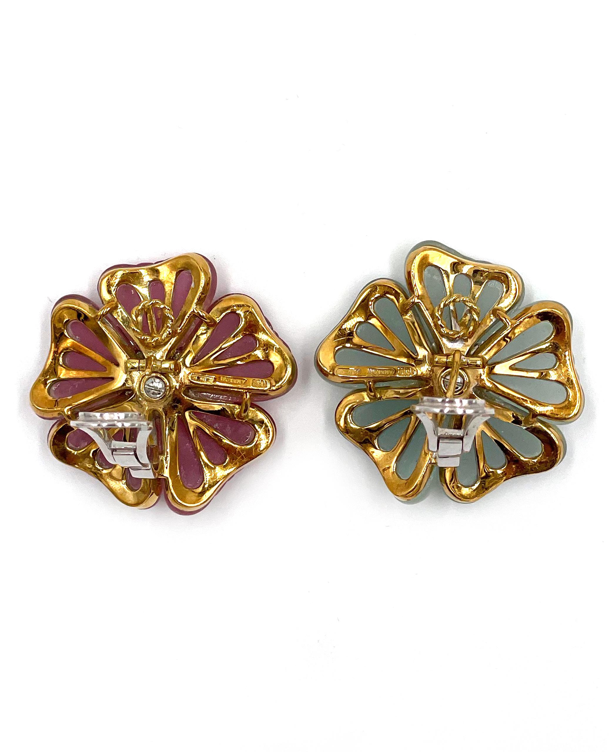 Ambrosi Or 18K Tourmaline rose Aigue-marine Diamant Fleur Collier Boucles d'oreilles en vente 1