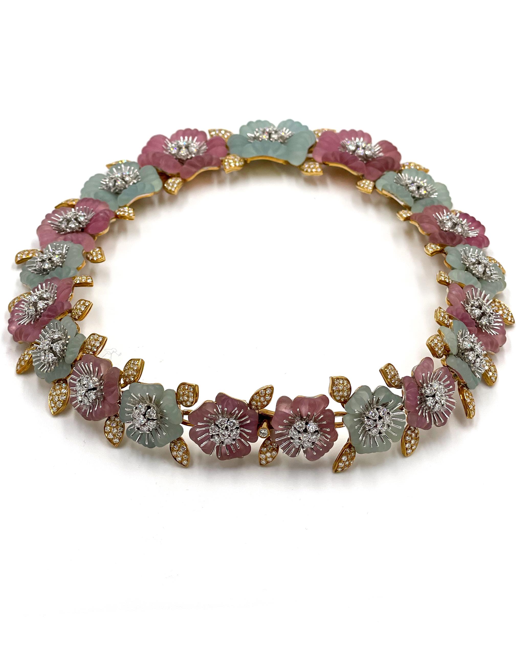 Ambrosi Or 18K Tourmaline rose Aigue-marine Diamant Fleur Collier Boucles d'oreilles en vente 2