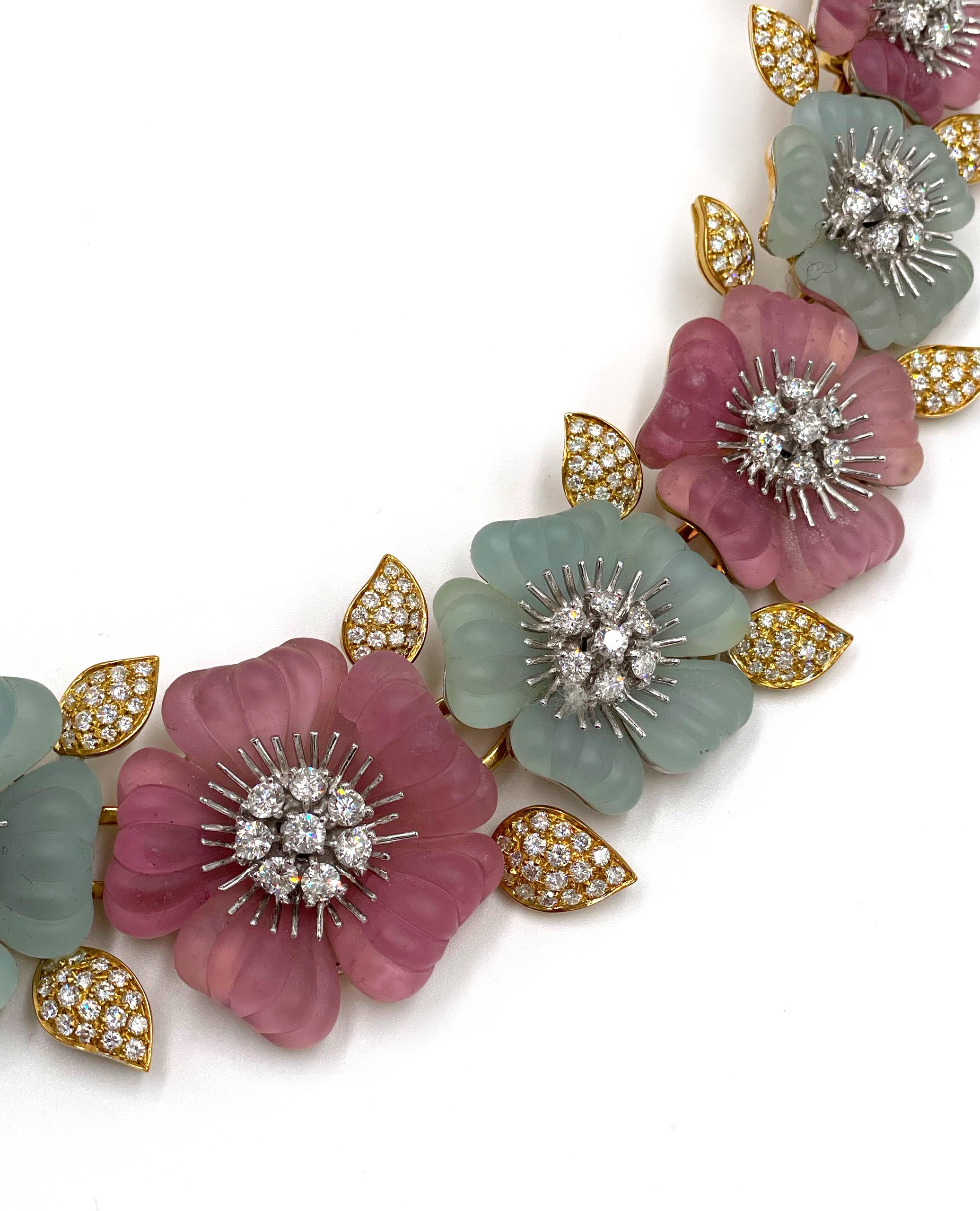 Ambrosi Or 18K Tourmaline rose Aigue-marine Diamant Fleur Collier Boucles d'oreilles en vente 3