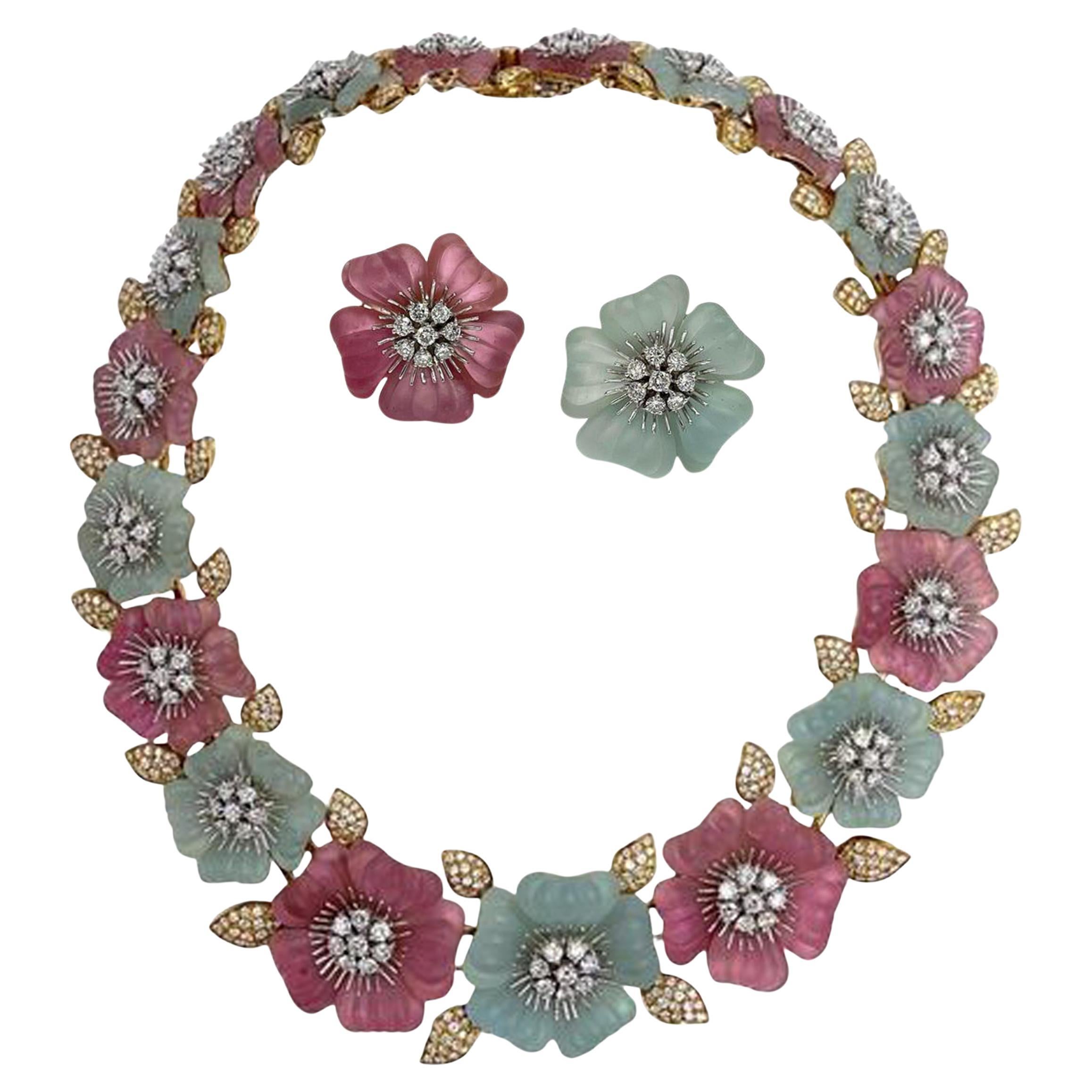 Ambrosi Or 18K Tourmaline rose Aigue-marine Diamant Fleur Collier Boucles d'oreilles en vente