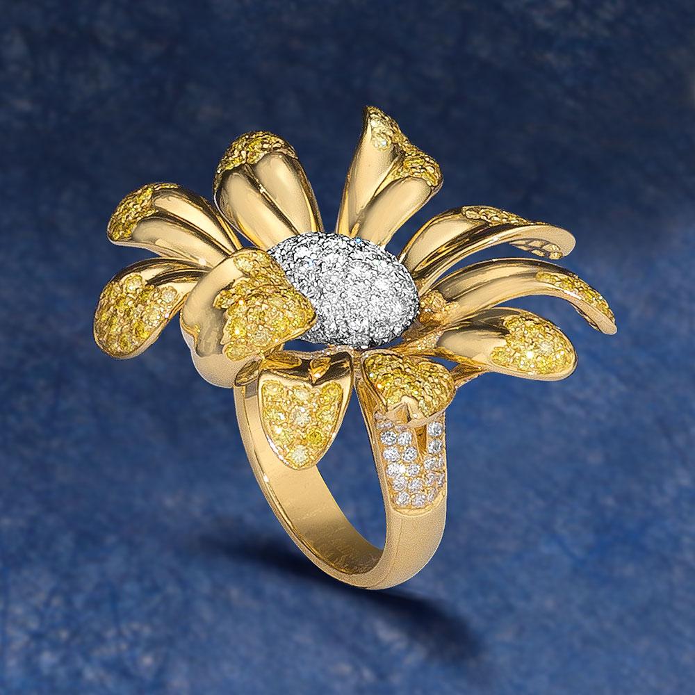 Ambrosi Bague fleur de marguerite en or jaune 18 carats avec diamants jaunes et blancs en vente 9