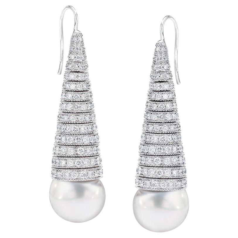 Ambrosi 6.48 Carat Diamond and SouthSea Pearl Drop Earrings For Sale