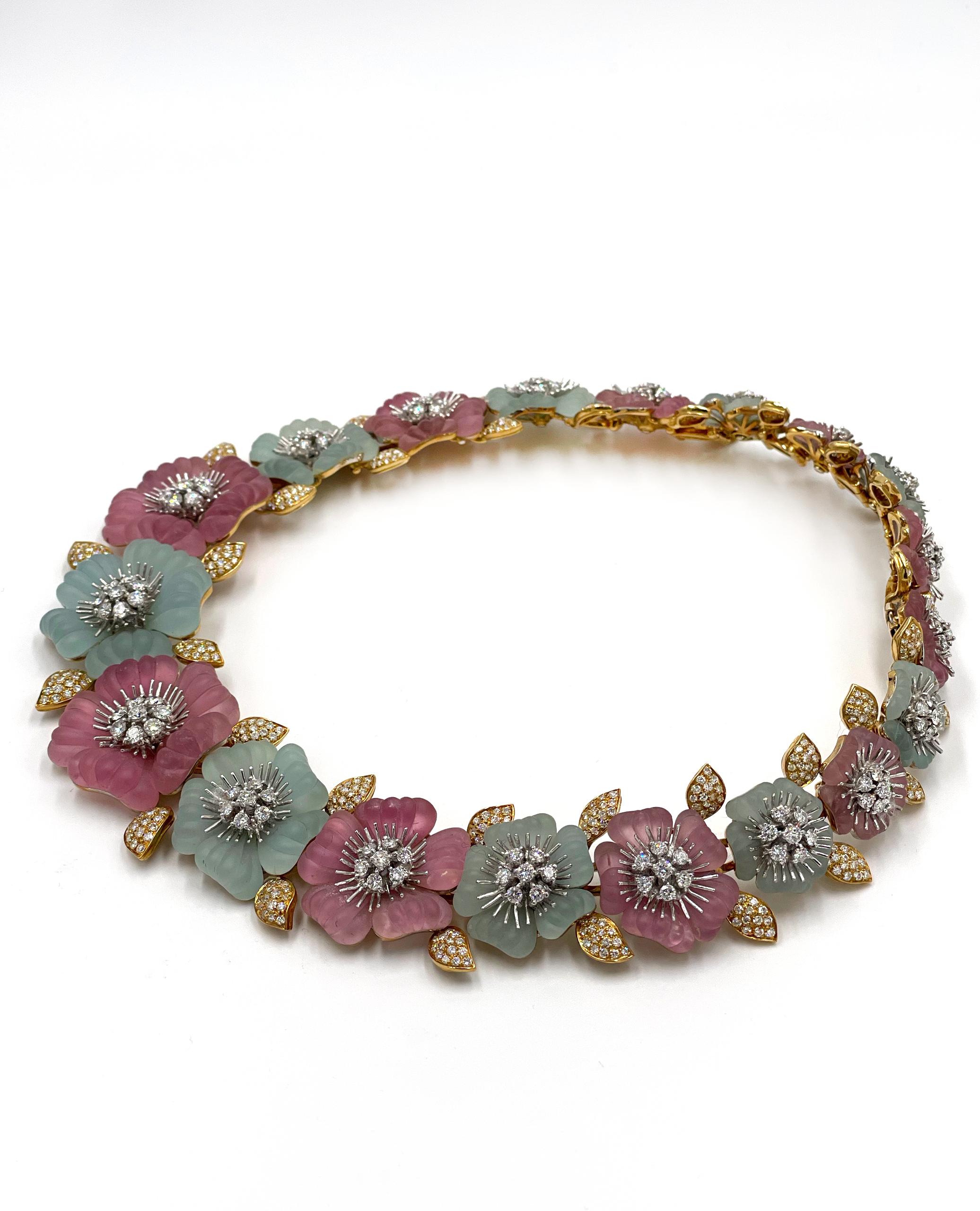 Contemporary Ambrosi Aquamarine and Pink Tourmaline Flower Necklace - 18K Yellow Gold For Sale
