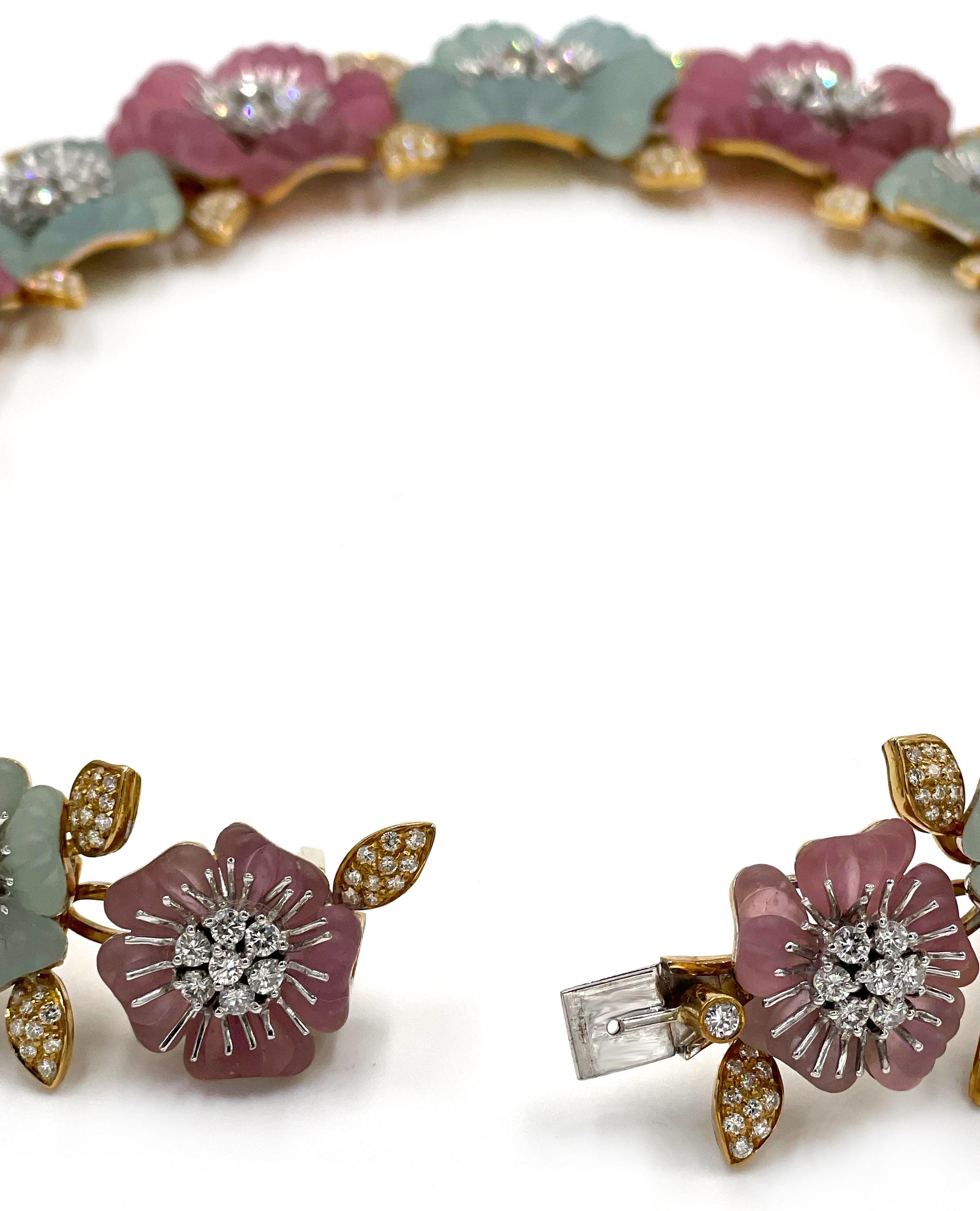 Ambrosi Halskette aus Aquamarin und rosa Turmalin mit Blumenmotiv im Angebot 5