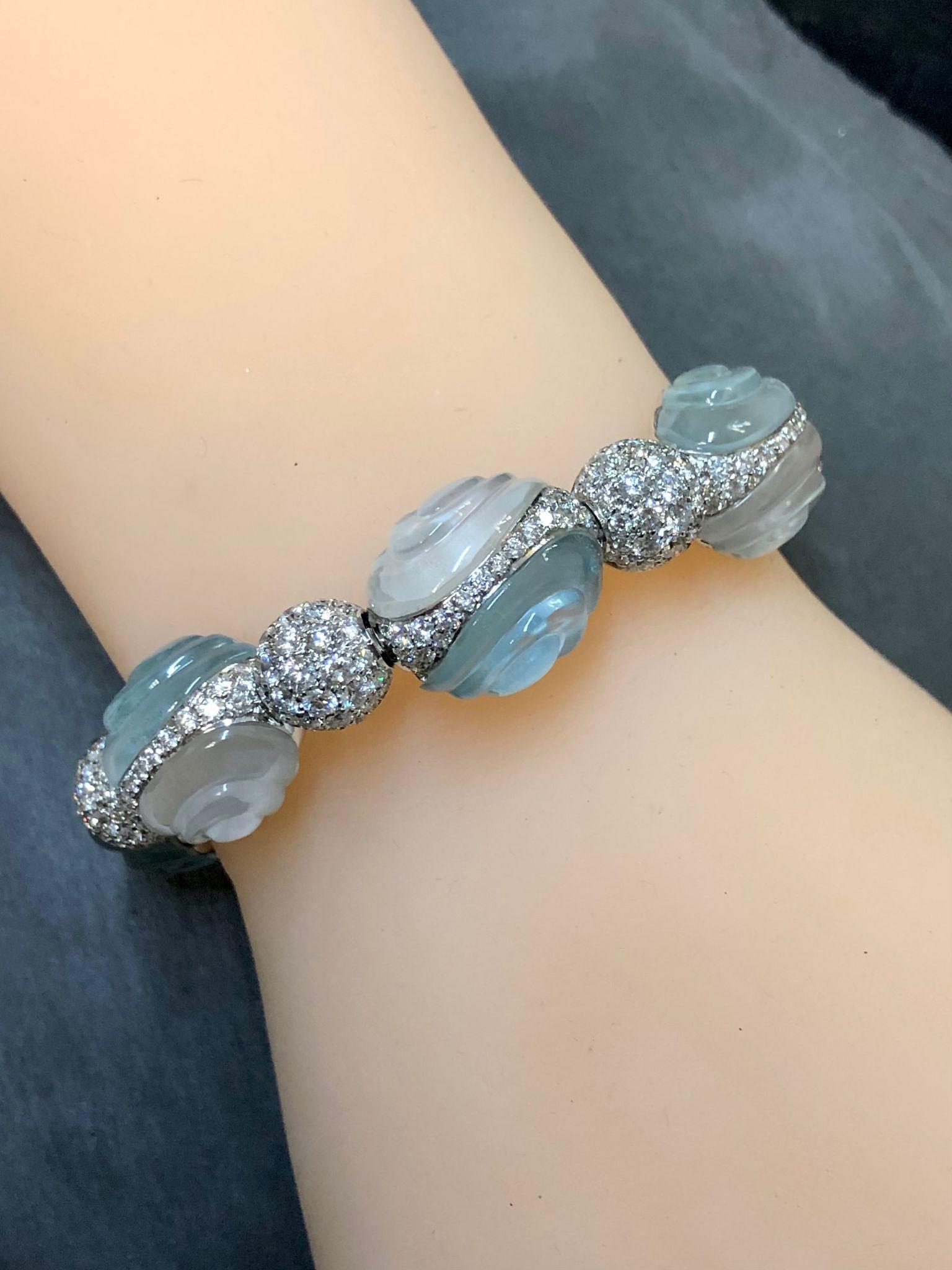 Ambrosi Bon Bon 18K Carved Aquamarine & Quartz Diamond Bangle Bracelet For Sale 3