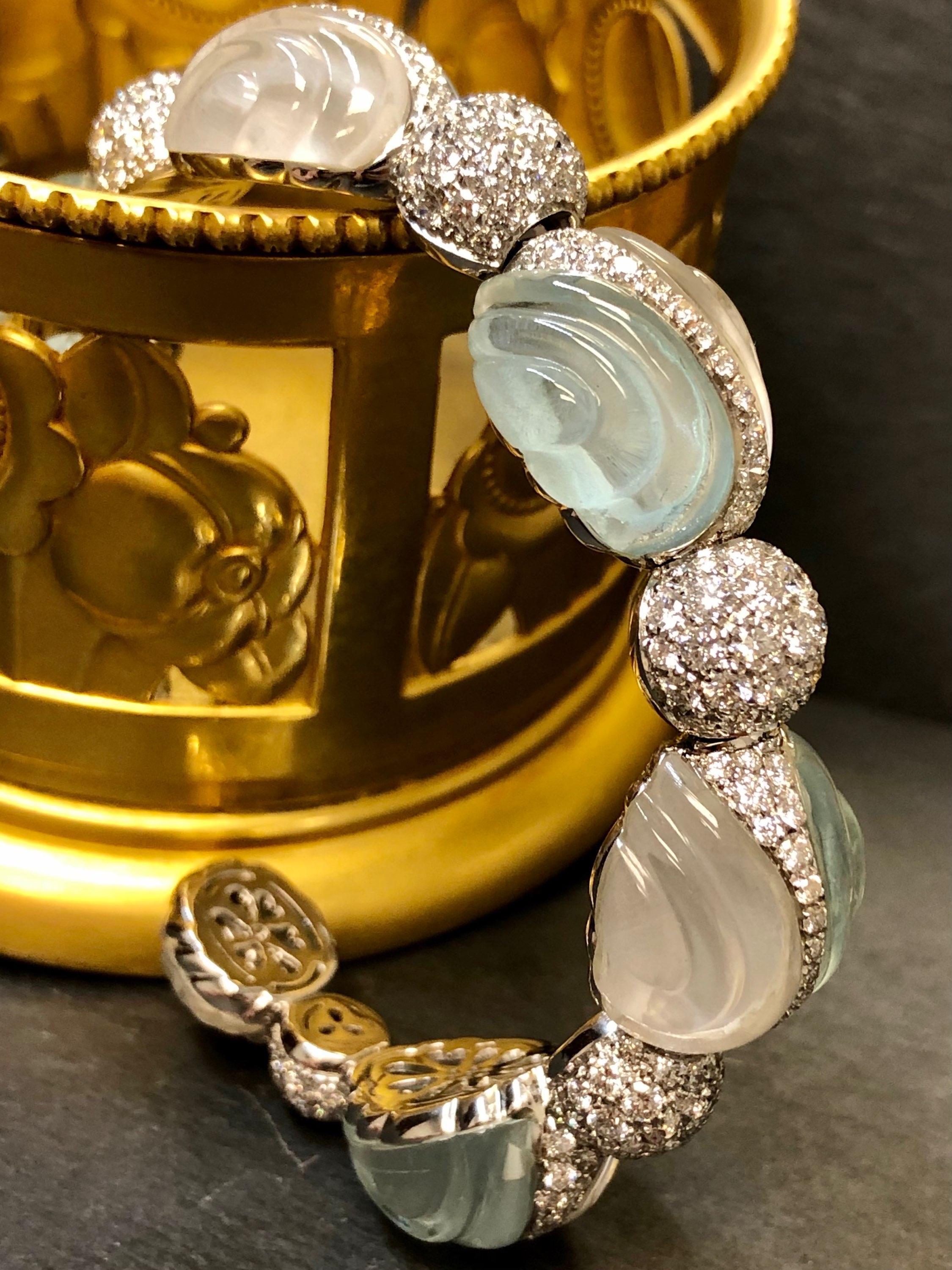 Round Cut Ambrosi Bon Bon 18K Carved Aquamarine & Quartz Diamond Bangle Bracelet For Sale
