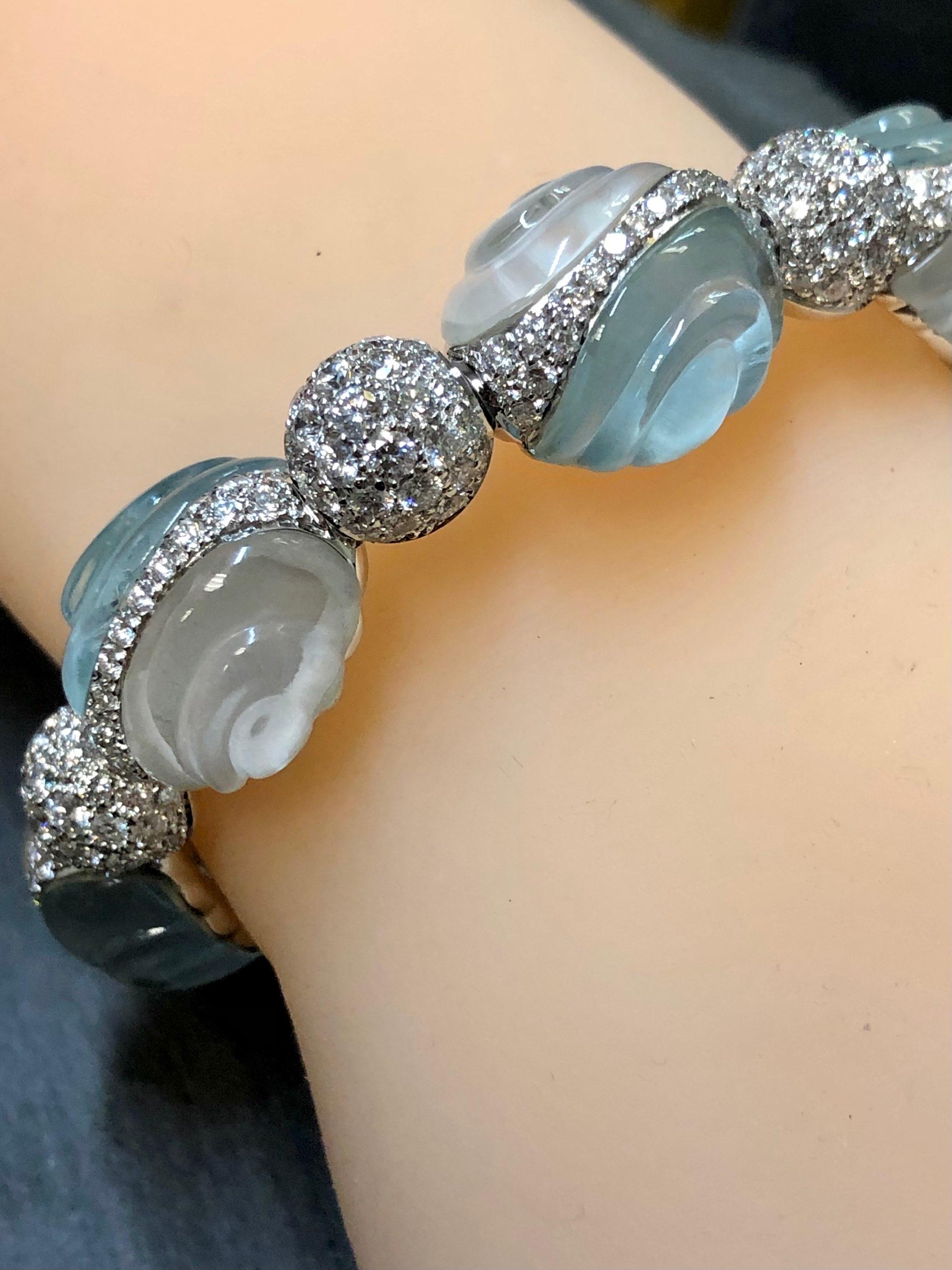 Ambrosi Bon Bon 18K Carved Aquamarine & Quartz Diamond Bangle Bracelet For Sale 1