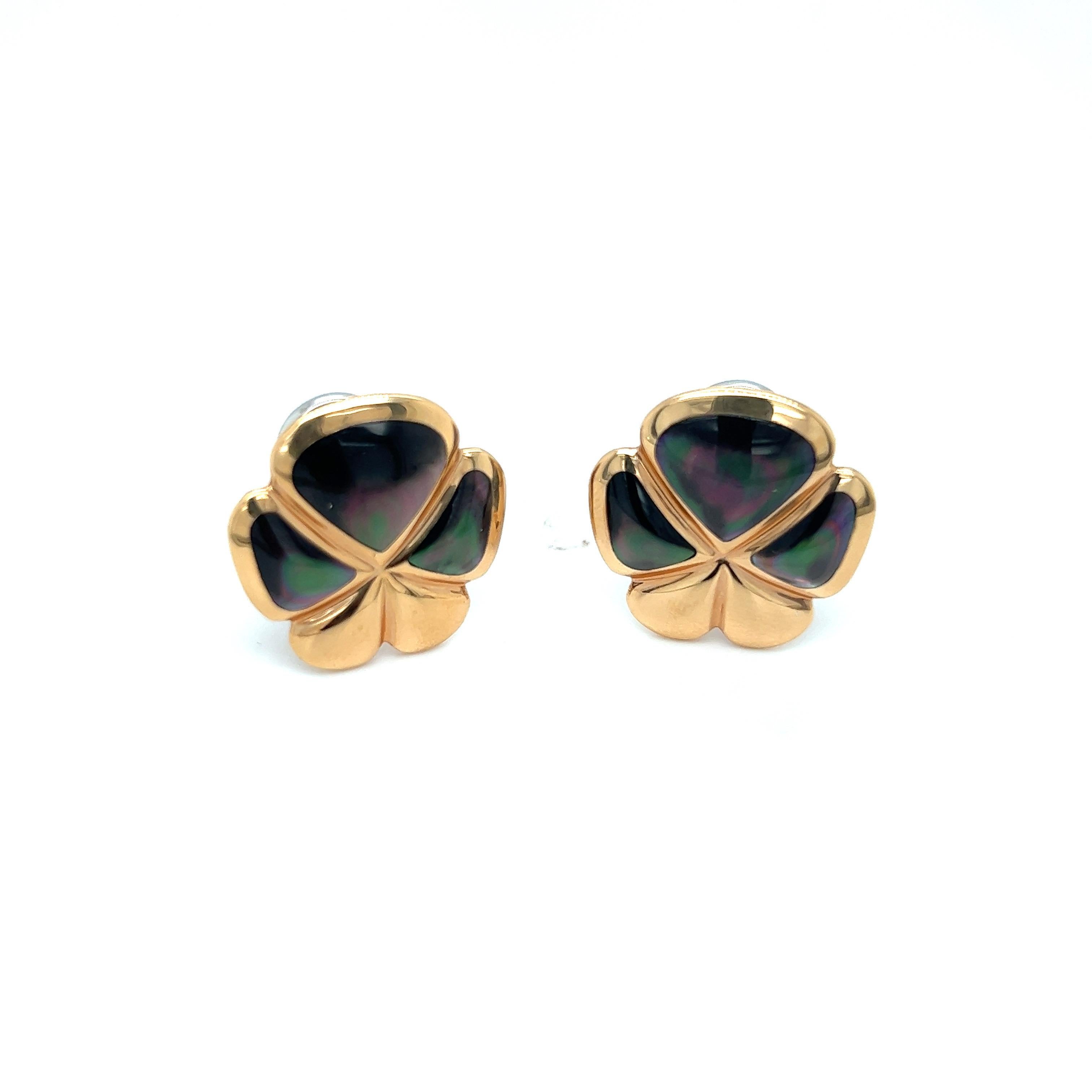 Created by famed Italian Jewelers, De AMBROSI, exclusively for Cellini Jewelers these lucky 5 leaf clover earrings are inlaid with black mother of pearl in 18-karat rose gold.
The earrings are pierced with Omega backs. They have collapsible posts