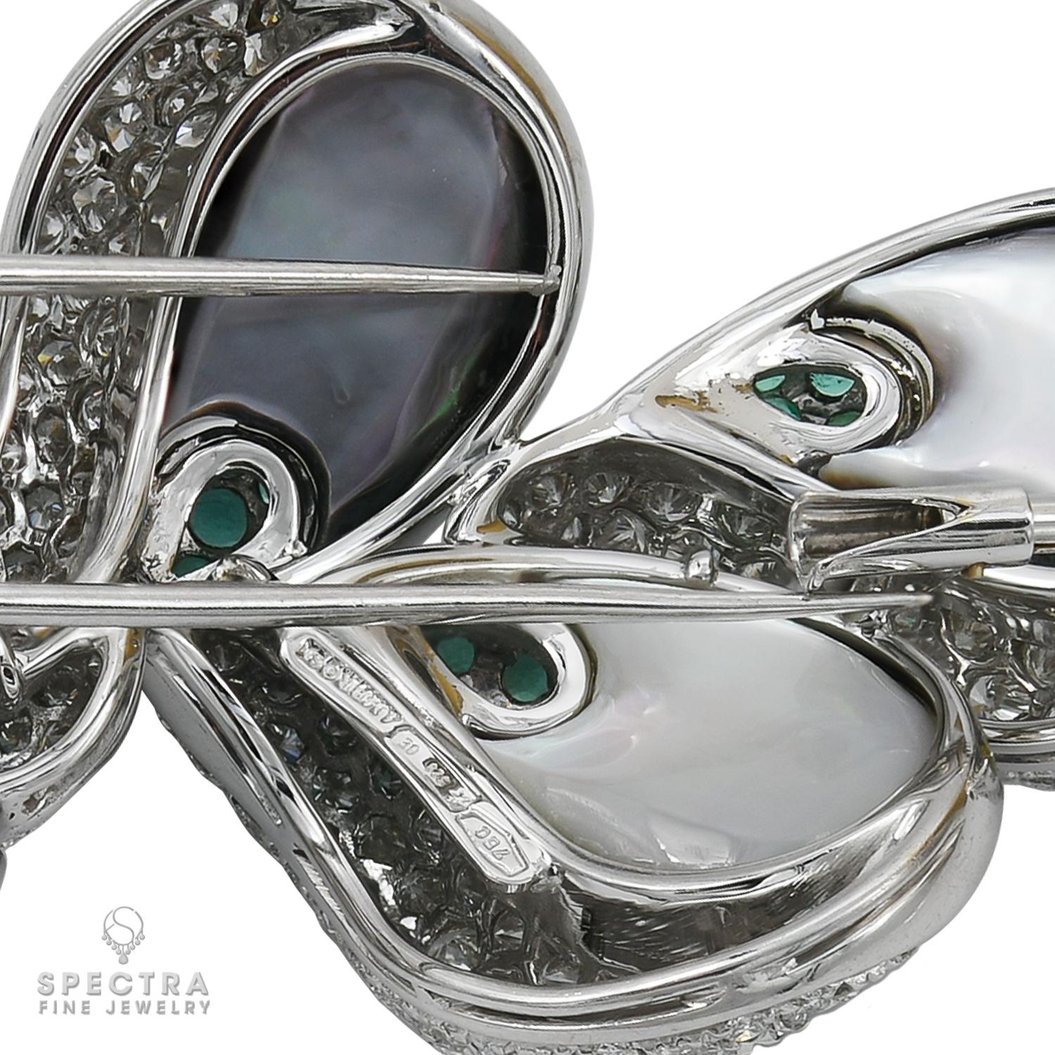 Round Cut Ambrosi Diamond Emerald Mother-of-Pearl Brooch For Sale