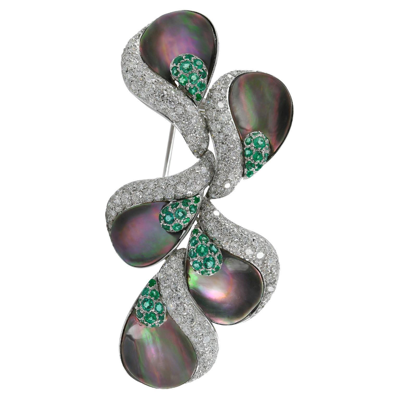 Ambrosi Diamond Emerald Mother-of-Pearl Brooch For Sale