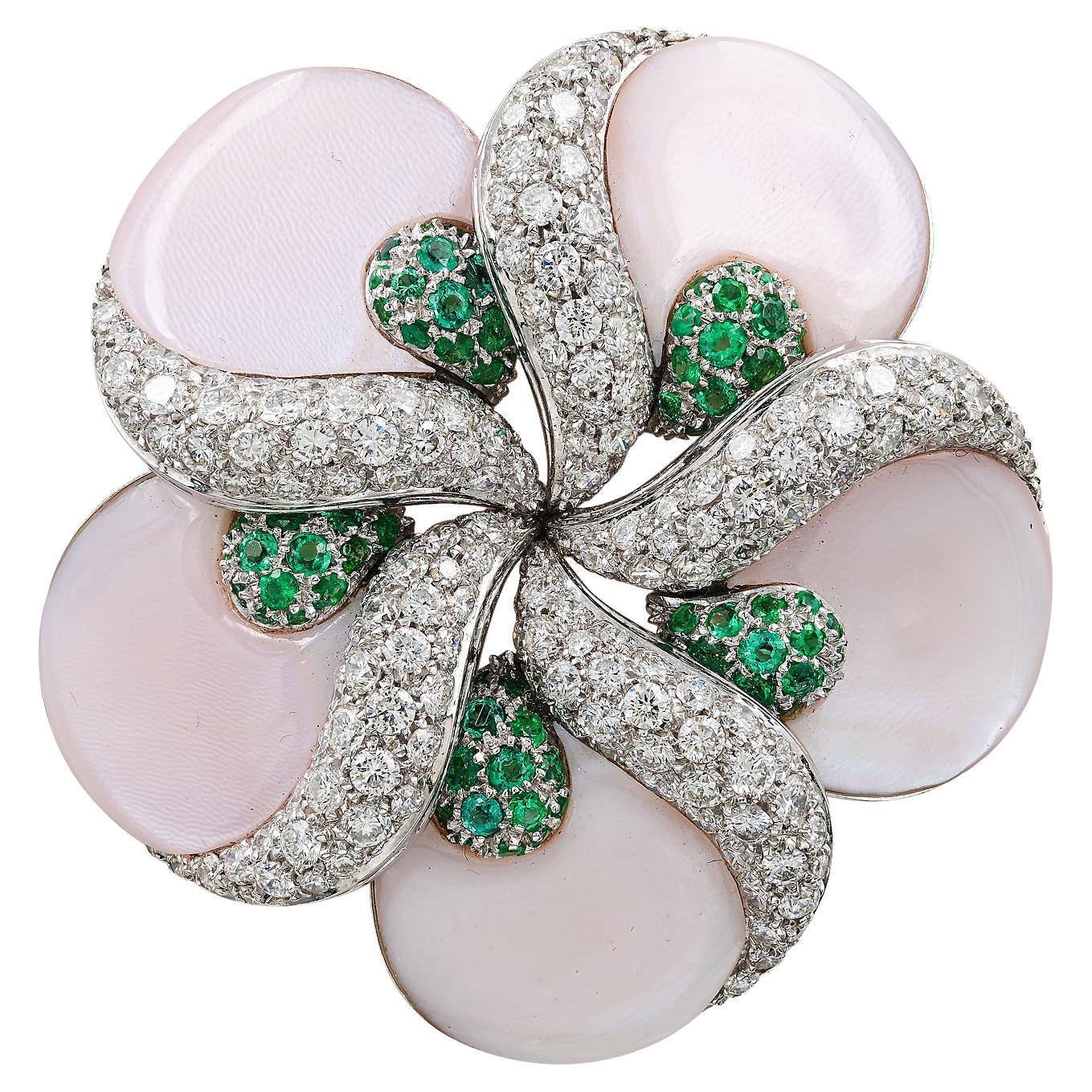 Ambrosi Diamond Emerald Mother-of-Pearl Flower Brooch For Sale