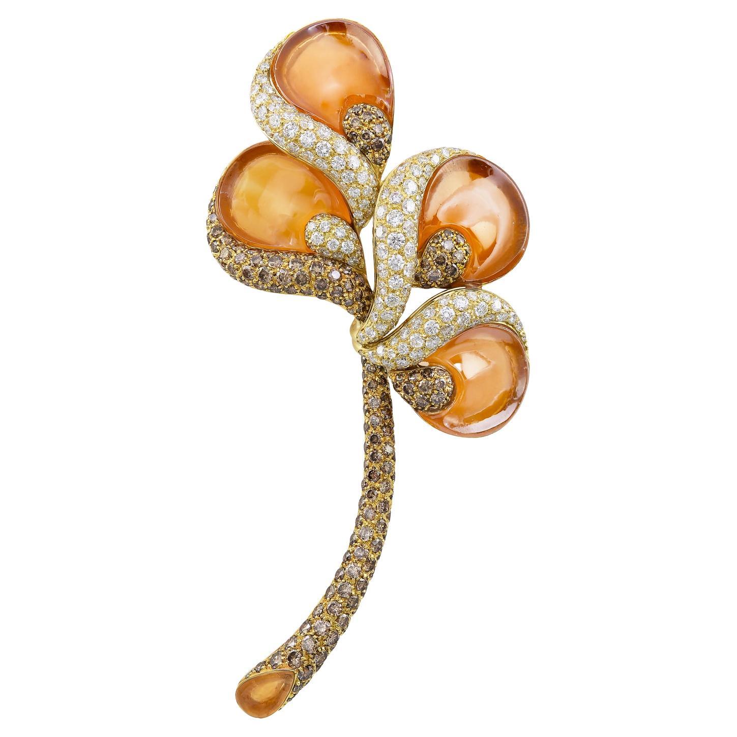 Ambrosi Diamond Gemstone Flower Stem Brooch For Sale