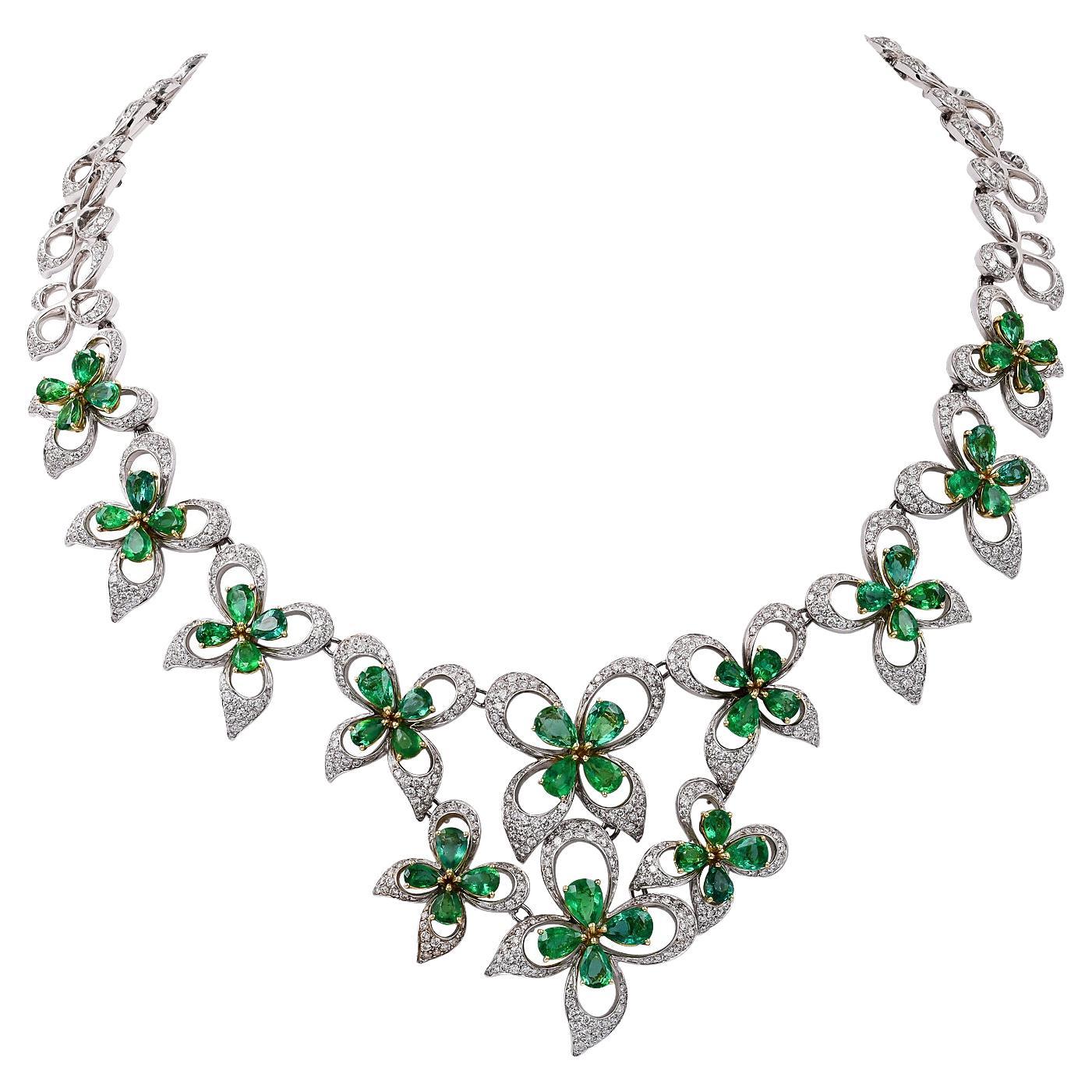 Ambrosi Emerald and Diamond Flower Necklace in 18kt White Gold For Sale