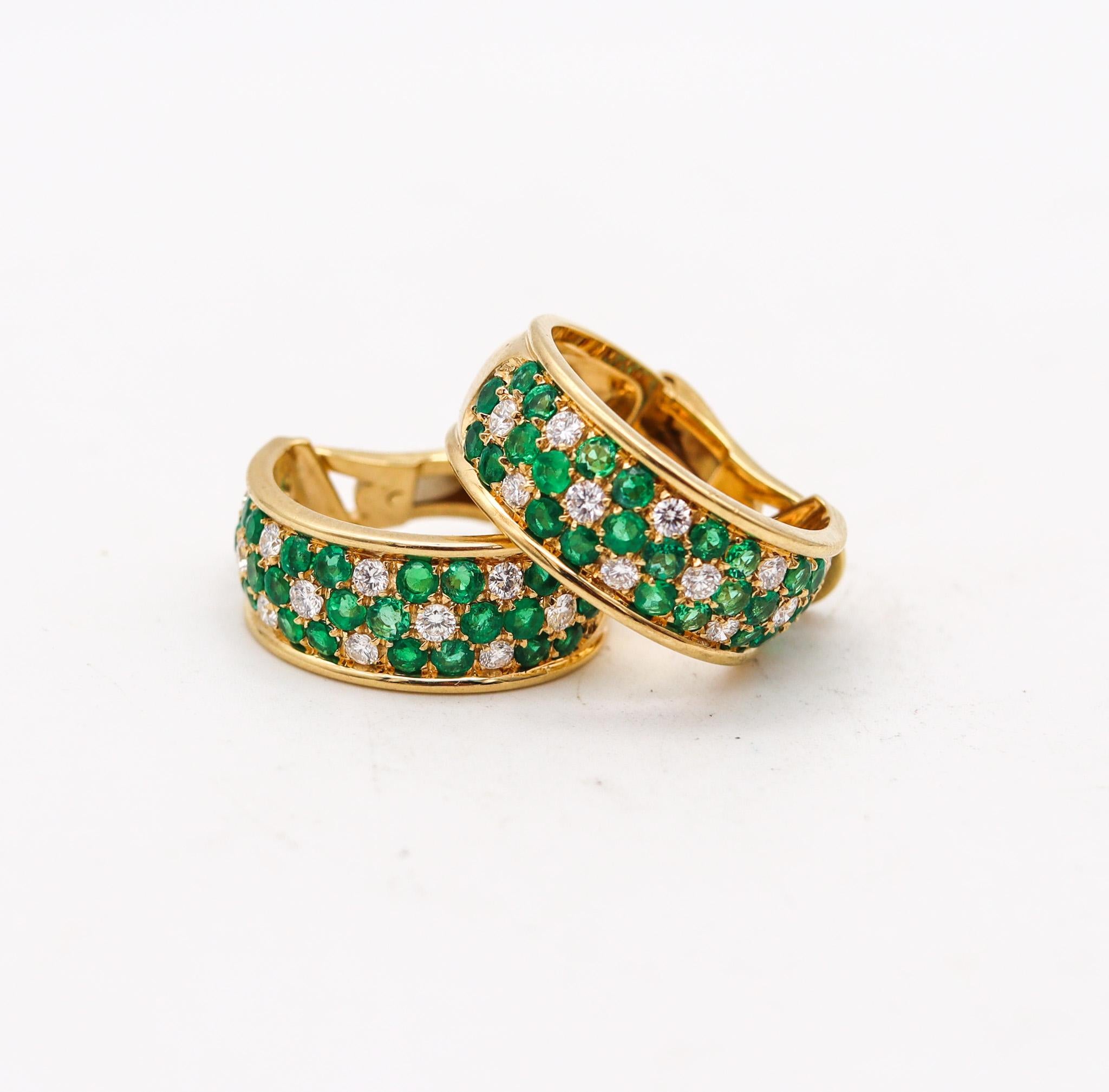 Modern Ambrosi Milano Hoop Earrings In 18kT Gold With 6.06 Ctw In Emeralds And Diamonds For Sale