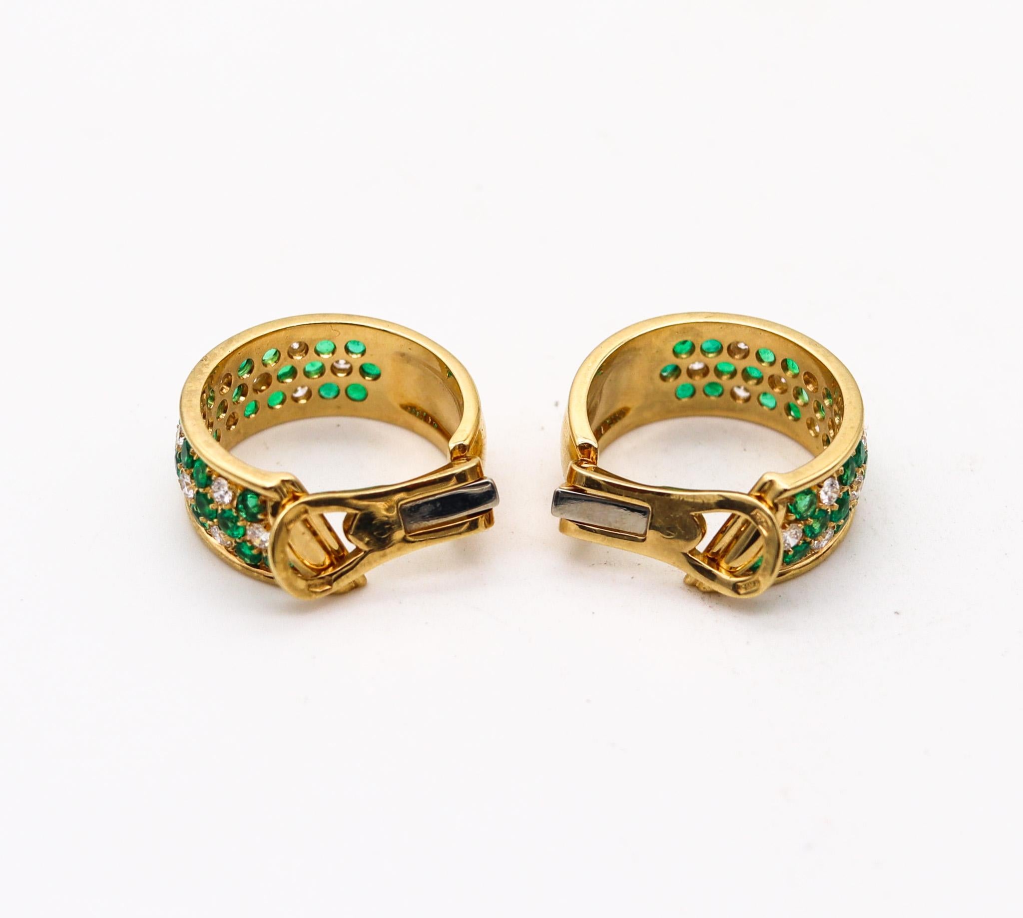Round Cut Ambrosi Milano Hoop Earrings In 18kT Gold With 6.06 Ctw In Emeralds And Diamonds For Sale