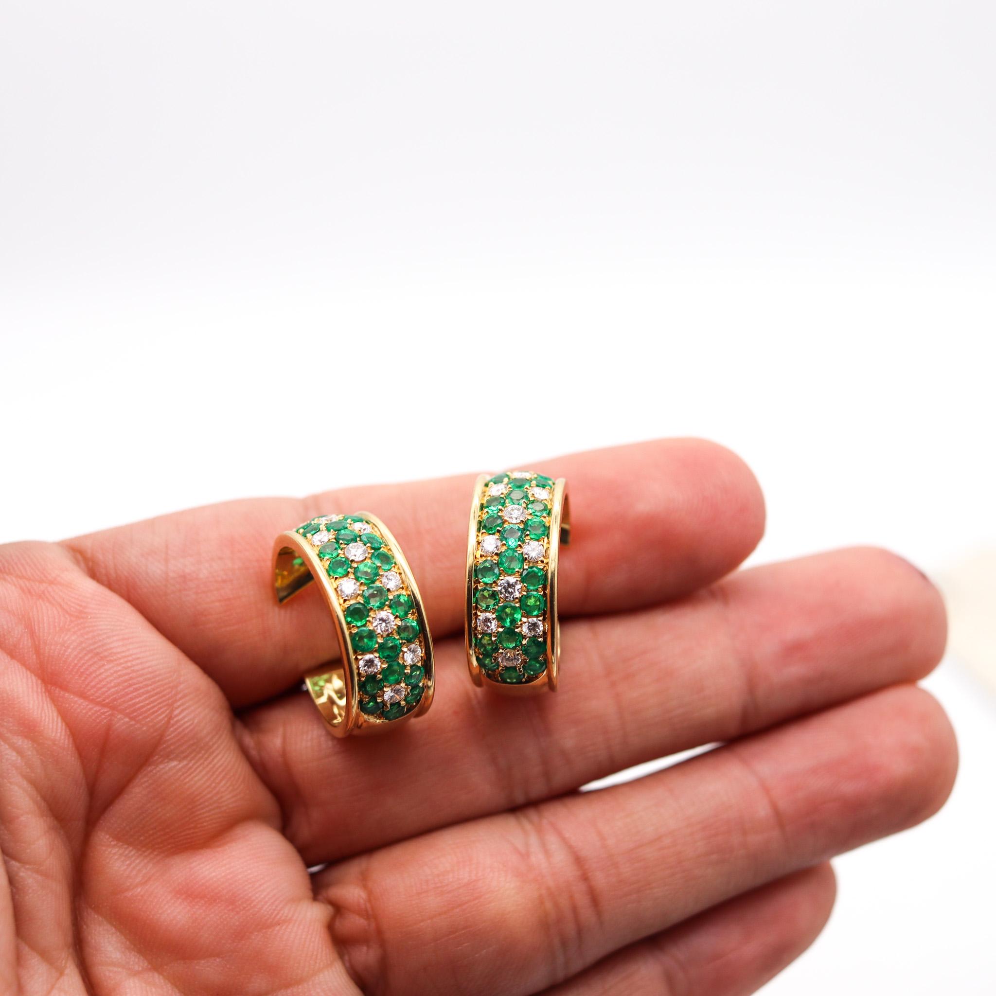 Women's Ambrosi Milano Hoop Earrings In 18kT Gold With 6.06 Ctw In Emeralds And Diamonds For Sale