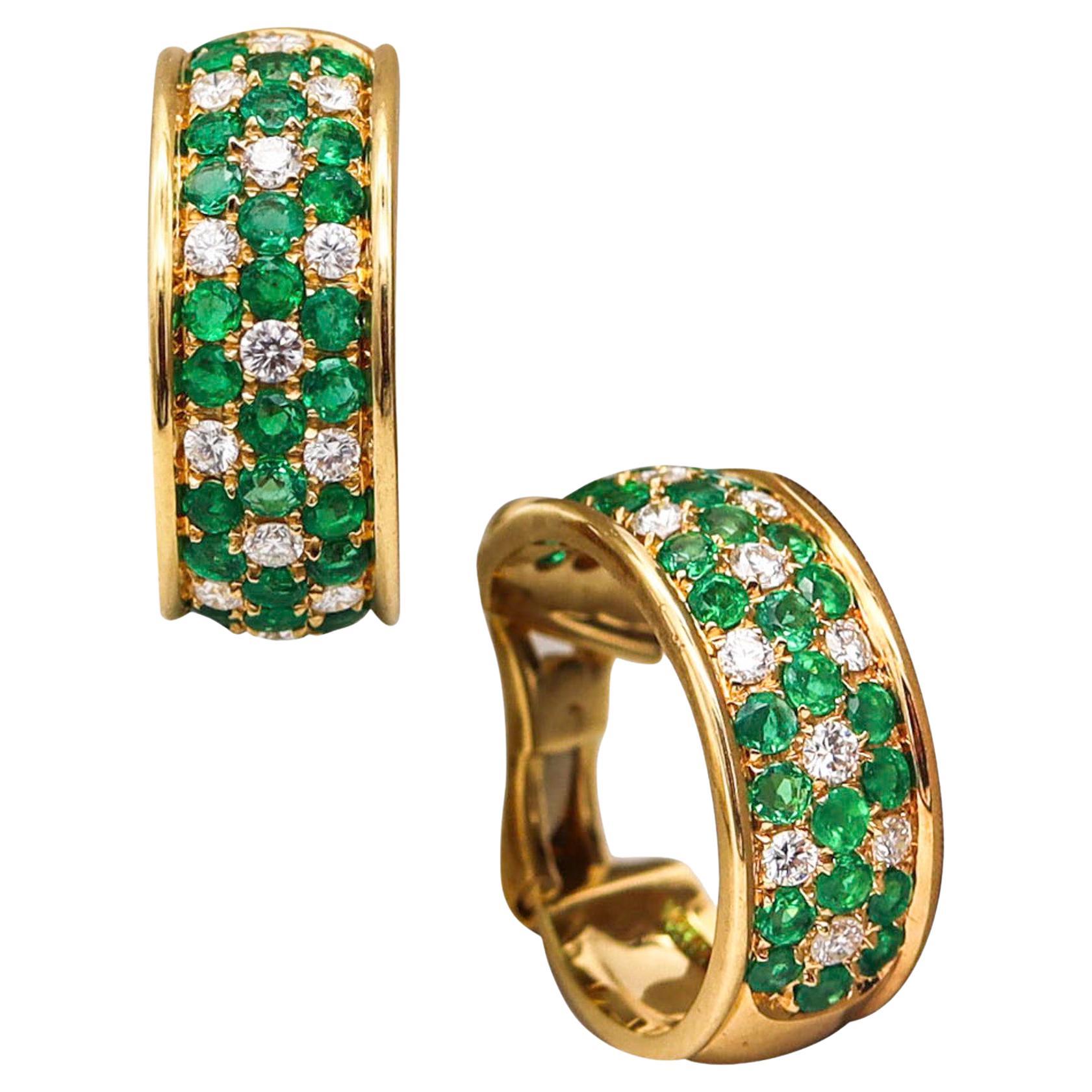 Ambrosi Milano Hoop Earrings In 18kT Gold With 6.06 Ctw In Emeralds And Diamonds For Sale